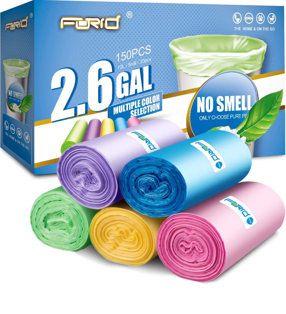 2.6 Gallon Small Trash Bags - 150 Count Bathroom & Kitchen Garbage Can Liners (5 Colors) for Home, Bedroom & Office Use