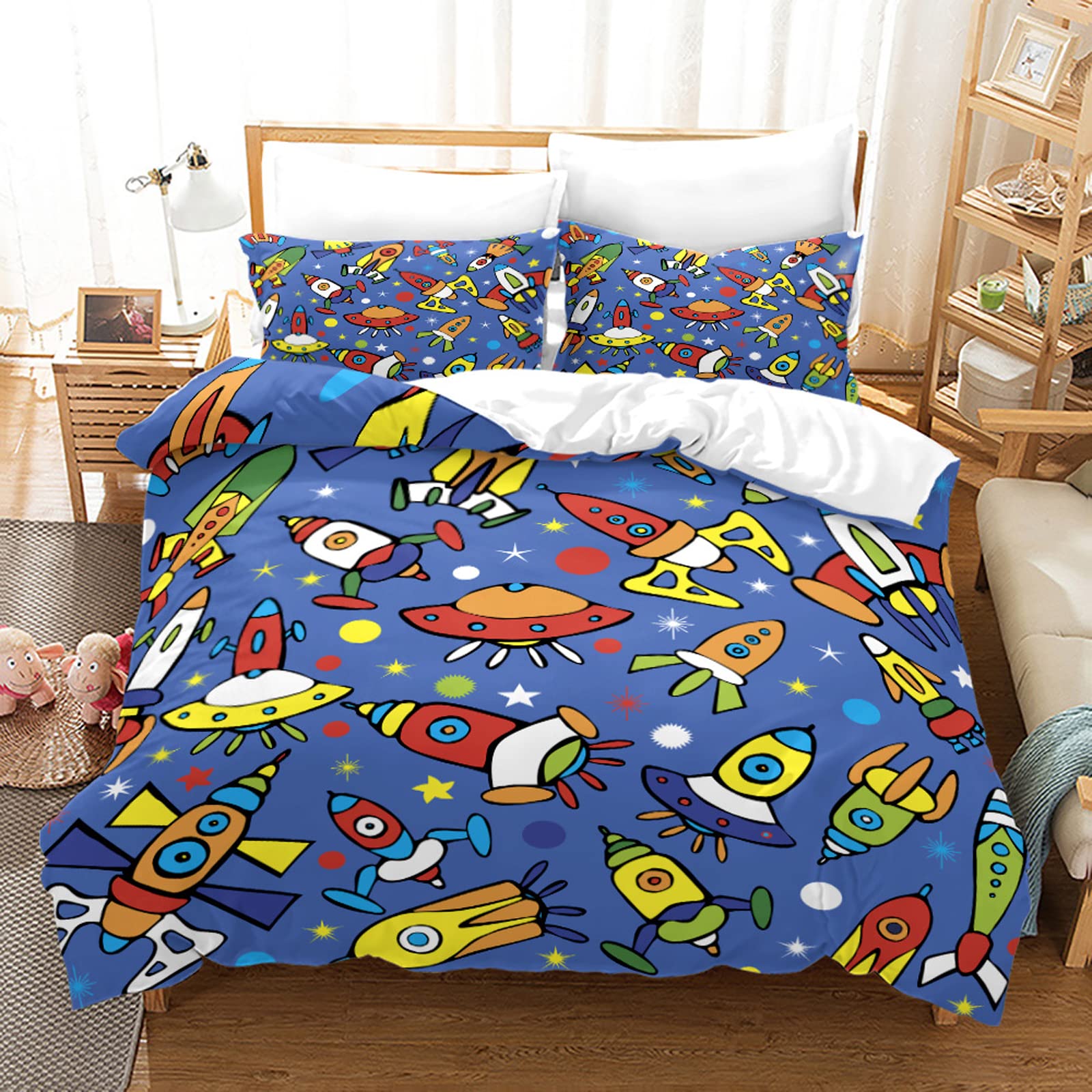 **Girls Twin Size UFO Themed Bedding Set - Duvet Cover, Comforter Cover & Pillowcase - Space Adventure Room Decor for Kids & Teens**