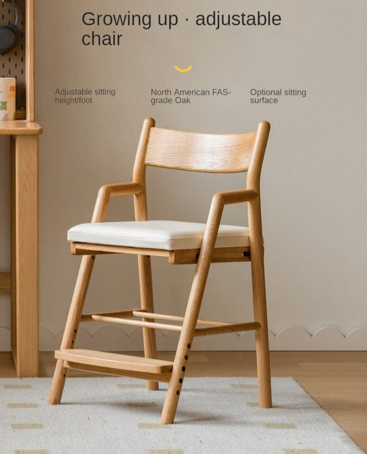 Adjustable Height Oak Solid Wood Kids Chair - Sturdy & Ergonomic Design for Study, Dining & Playtime