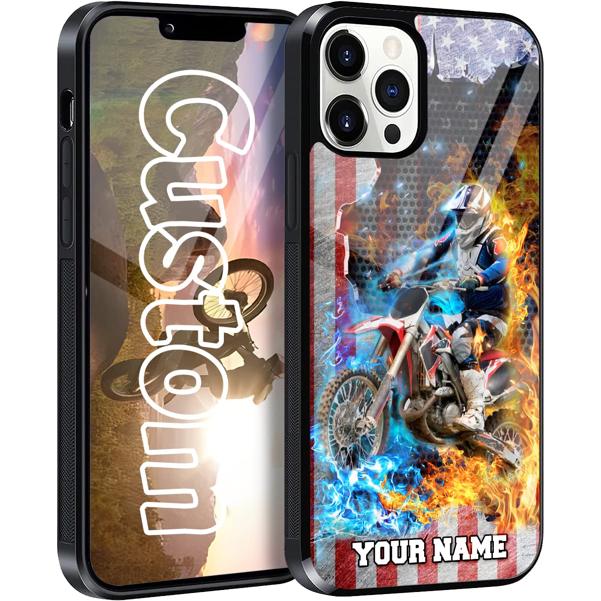 Custom Motorcycle Phone Case with American Flag & Personalized Name - Compatible with iPhone 16/15/14/13/12/11 Pro Max & Galaxy S25/S24/S23/S22/S21/S20 FE/Plus/Ultra/A-Series - Perfect Gift for Bikers & Motorcycle Enthusiasts - Ideal for Riding, Travel & Outdoor Adventures