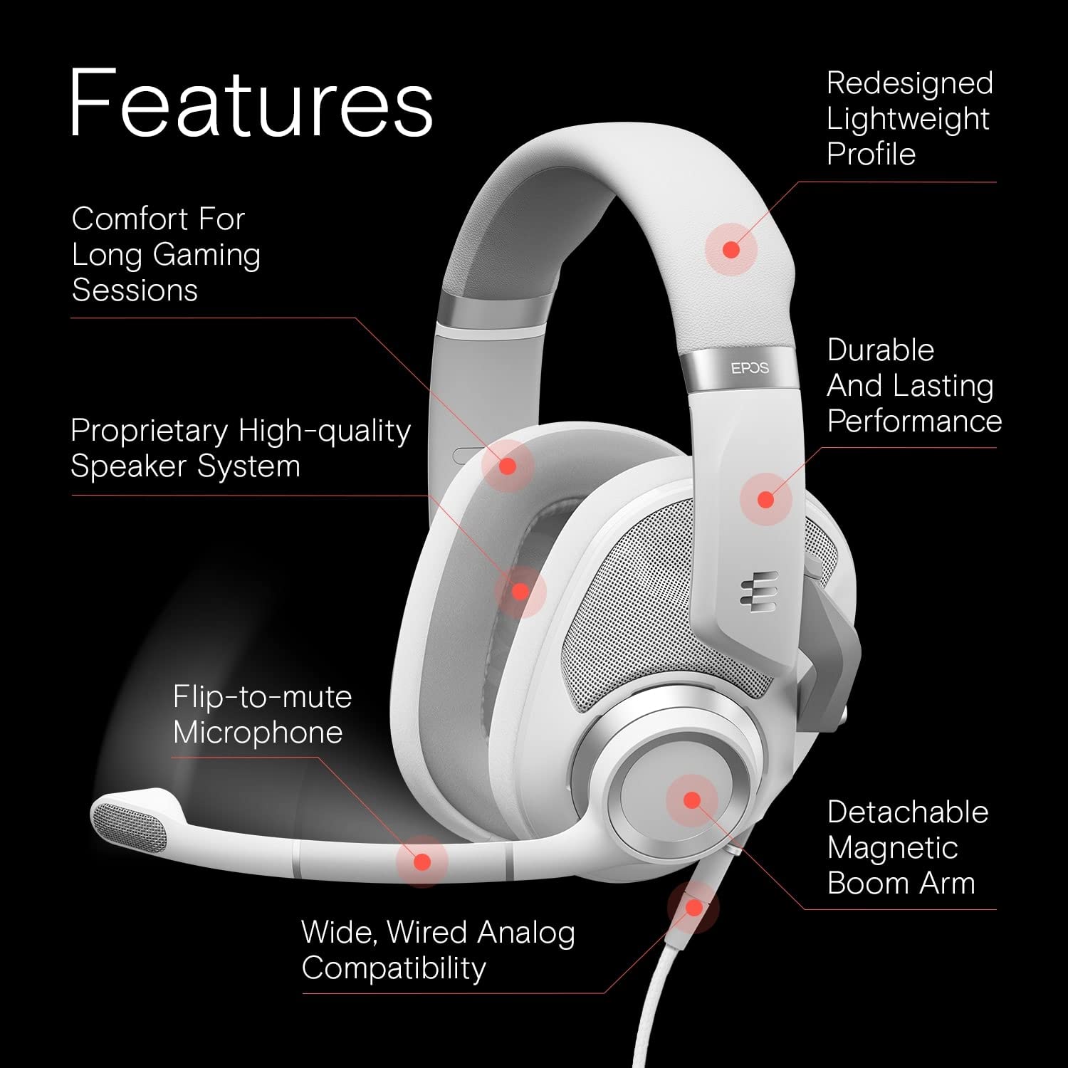 EPOS H6Pro Open Acoustic Gaming Headset with Detachable Noise-Canceling Microphone - Lightweight Comfortable Over-Ear Headphones for Xbox, PS4, PS5, PC & Windows - Durable White Gaming Headset for Pro Gamers & Streamers - Perfect for FPS, MOBA & Live Streaming Sessions