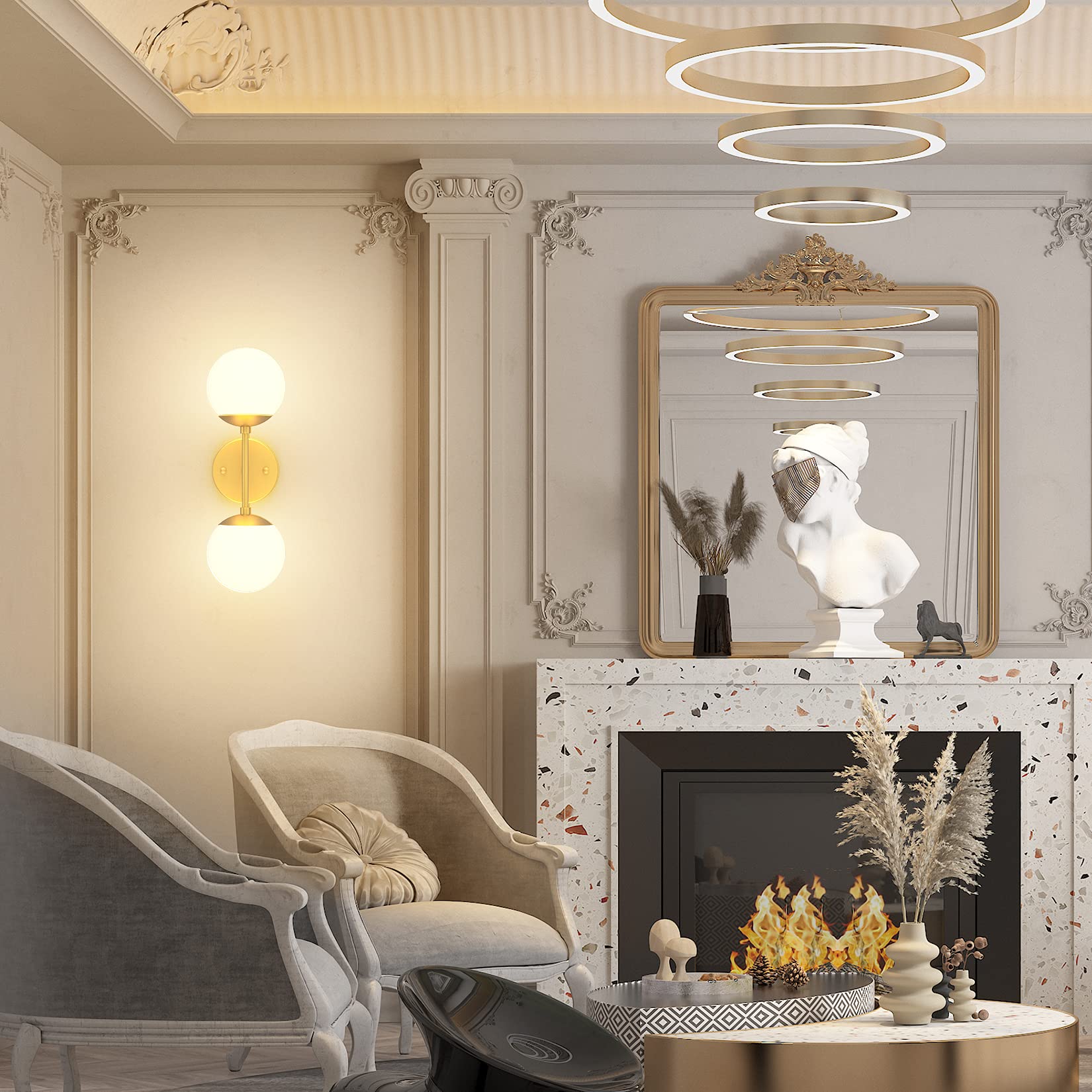 Tipace Gold Wall Sconce 2 Lights - Modern Globe Wall Light Fixture with 3000K G9 Bulbs Included - Mid Century Golden Wall Sconce for Restaurant, Living Room, Bedside, Stairs & Bathroom Mirror Lighting - Perfect for Ambient, Accent and Decorative Lighting