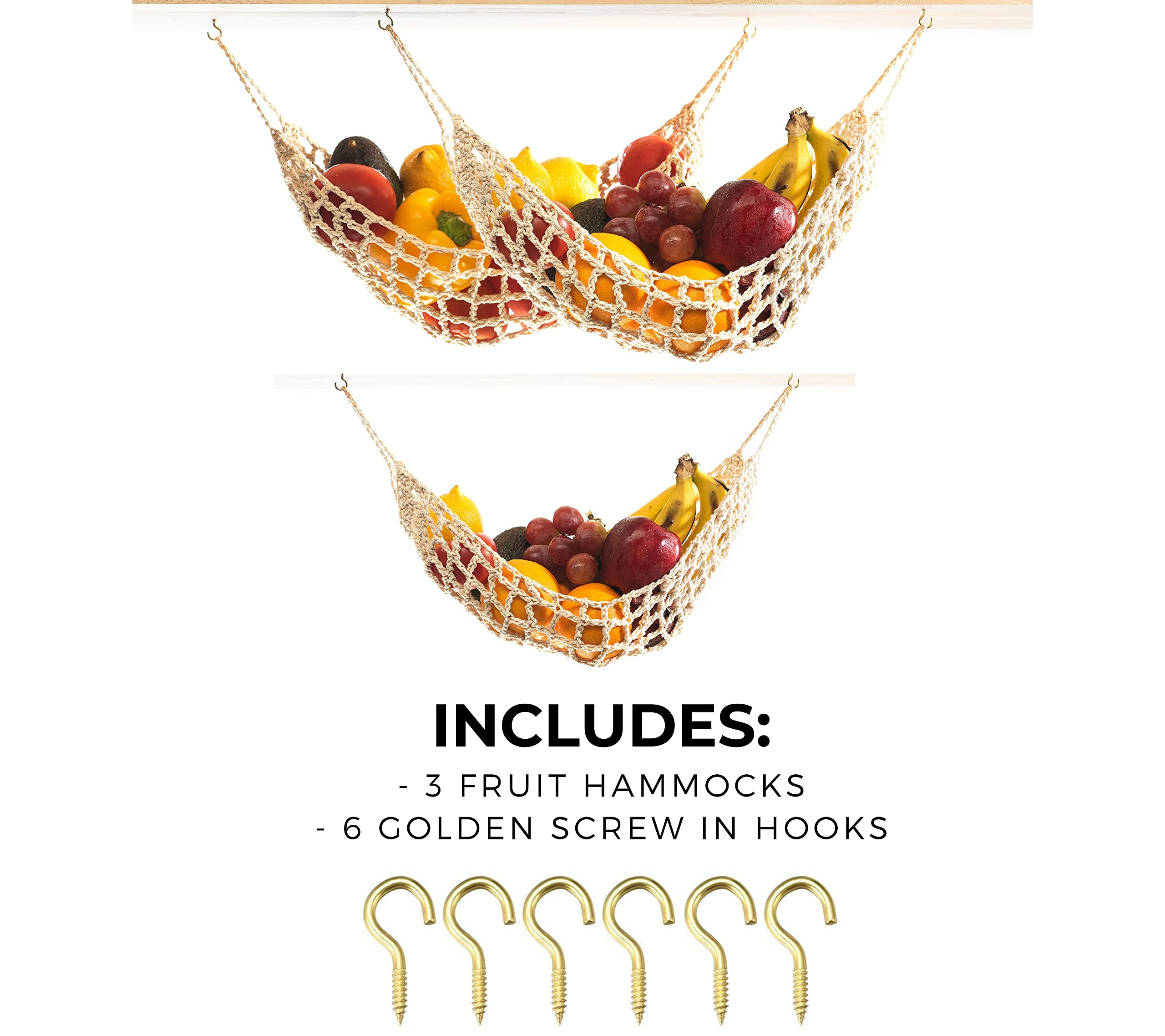 3 Pack Hanging Fruit Hammock - 3 Handwoven Cotton Vegetable & Banana Storage Baskets with 6 Hooks - Space Saving Kitchen Organizer for Counter, Cabinet, RV or Boat - Perfect for Storing Fruits, Vegetables & Kitchen Essentials