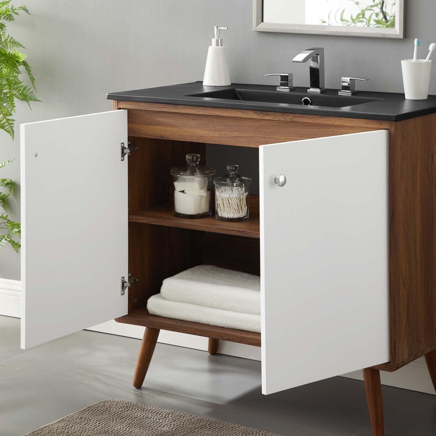 Modway Transmit 36 Inch Walnut Black Bathroom Vanity with Sink - Modern Storage Cabinet for Small Bathrooms, Powder Rooms & Master Baths