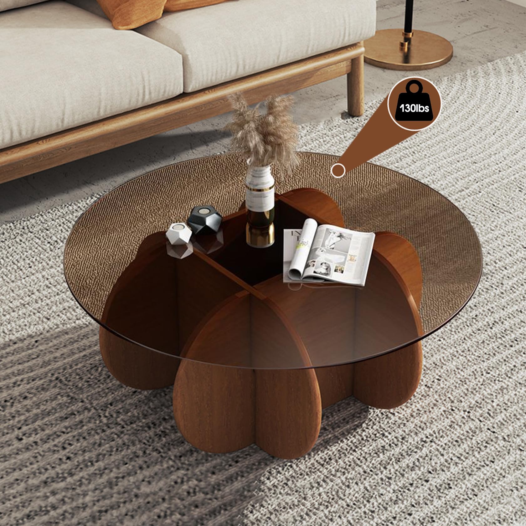 Modern Round Coffee Table with Solid Wood Legs - 31.5