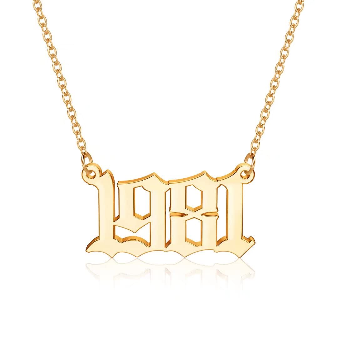 18K Gold Plated Old English Birth Year Necklace for Women - Personalized Jewelry Gift for Birthday, Anniversary (1970-2021) | Elegant Layering Necklace for Everyday Wear & Special Occasions