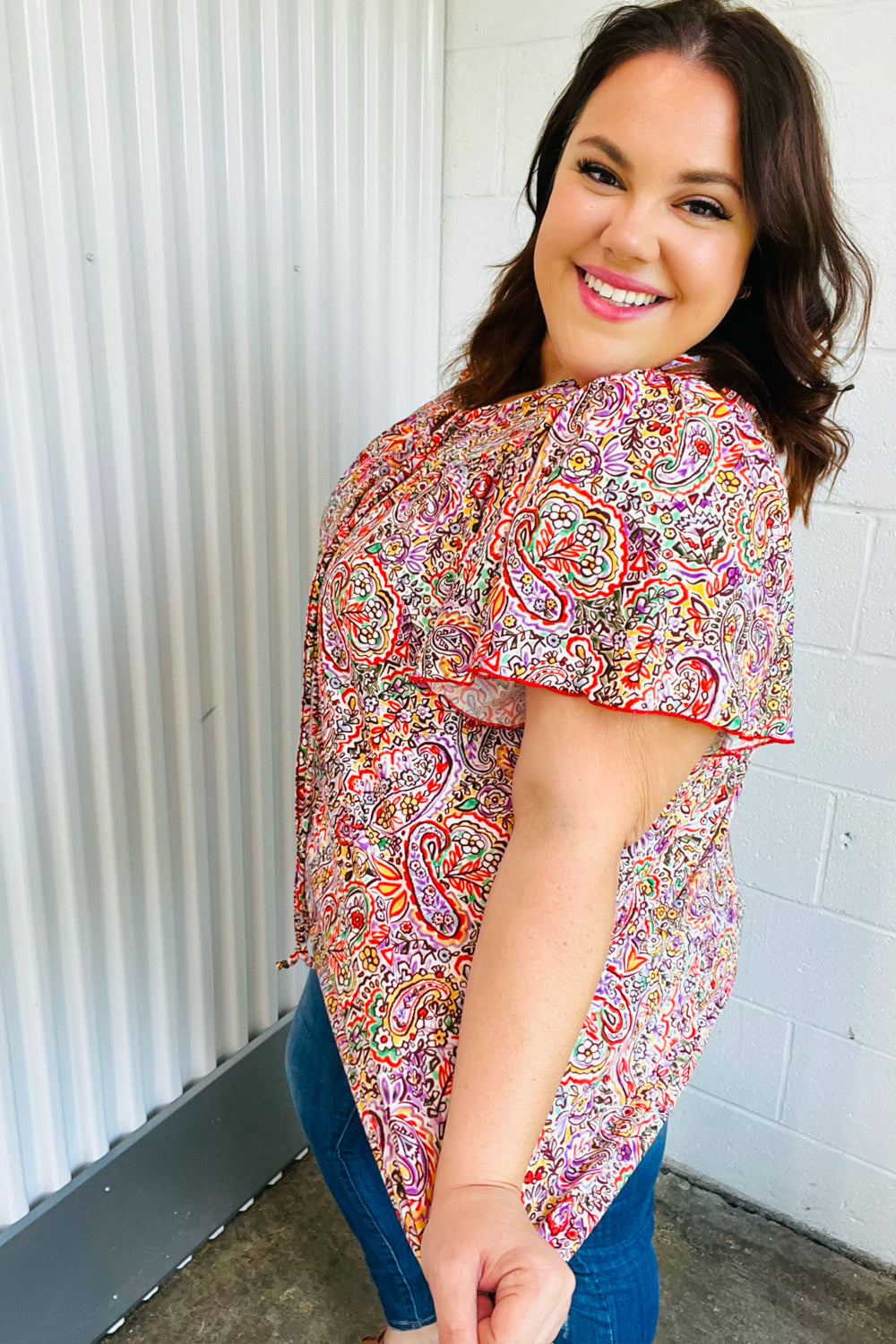 Boho Paisley Print Dolman Top with Tie Neck - Plum & Multicolor Floral Blouse for Women | Perfect for Casual Outings, Music Festivals & Beach Vacations