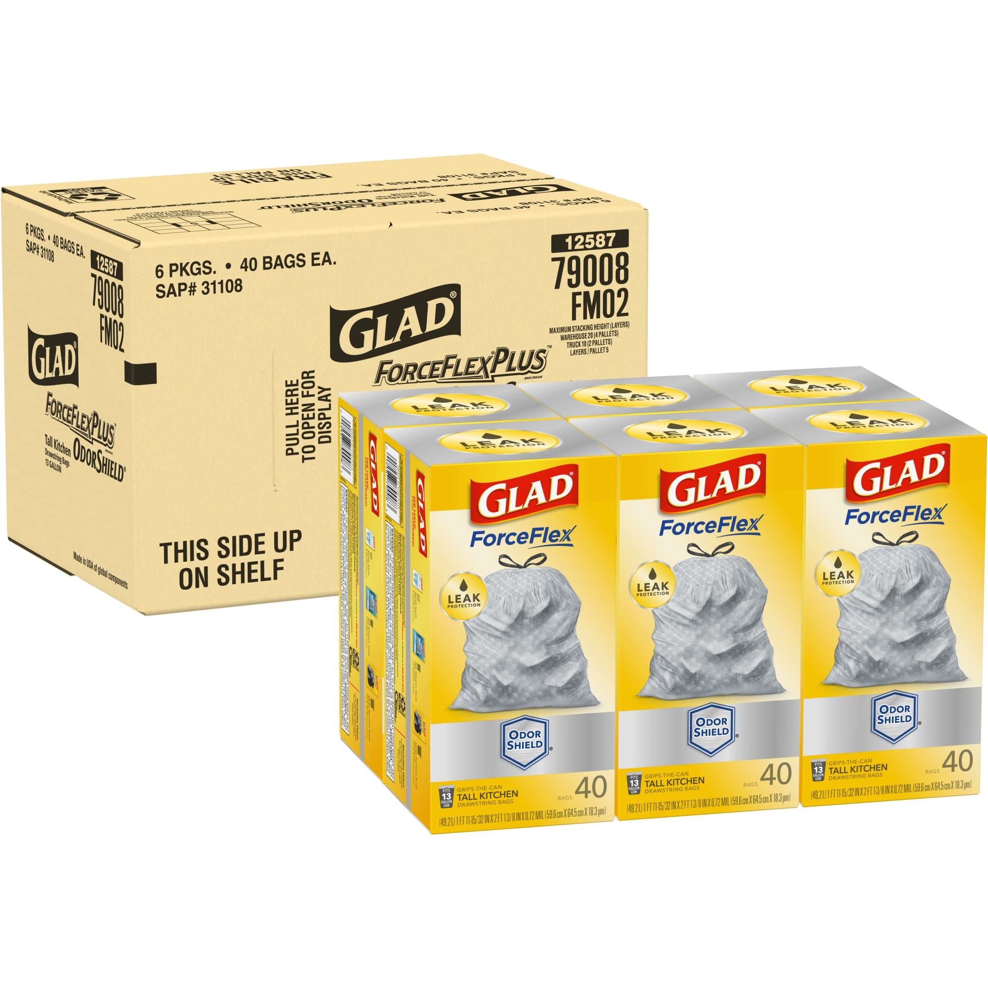 Glad ForceFlex Tall Kitchen Drawstring Trash Bags with OdorShield Technology - 13 Gallon Capacity (23.74