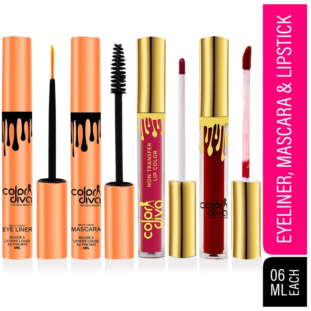 Waterproof Eyeliner, Mascara, Sindoor & Liquid Lipstick Set - 4 Piece Long Lasting Makeup Kit (6ml Each) | Perfect for Parties, Weddings & Daily Wear