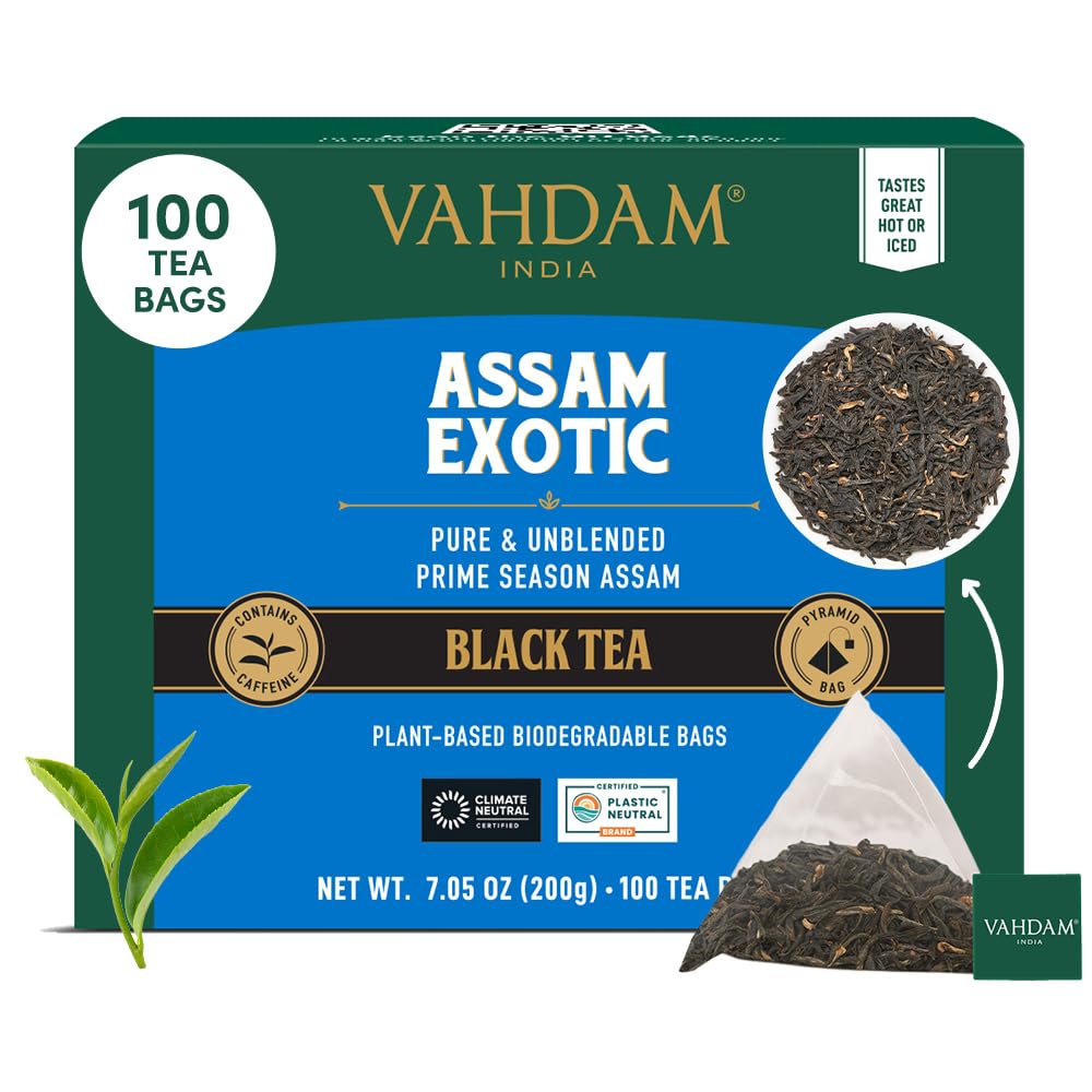 VAHDAM Assam Exotic Black Tea Bags (100 Count) - High Caffeine, Gluten Free, Full Bodied Pyramid Tea Bags | Strong Robust Flavor | Direct Trade from India | Perfect for Morning Boost, Afternoon Pick-Me-Up & Office Use