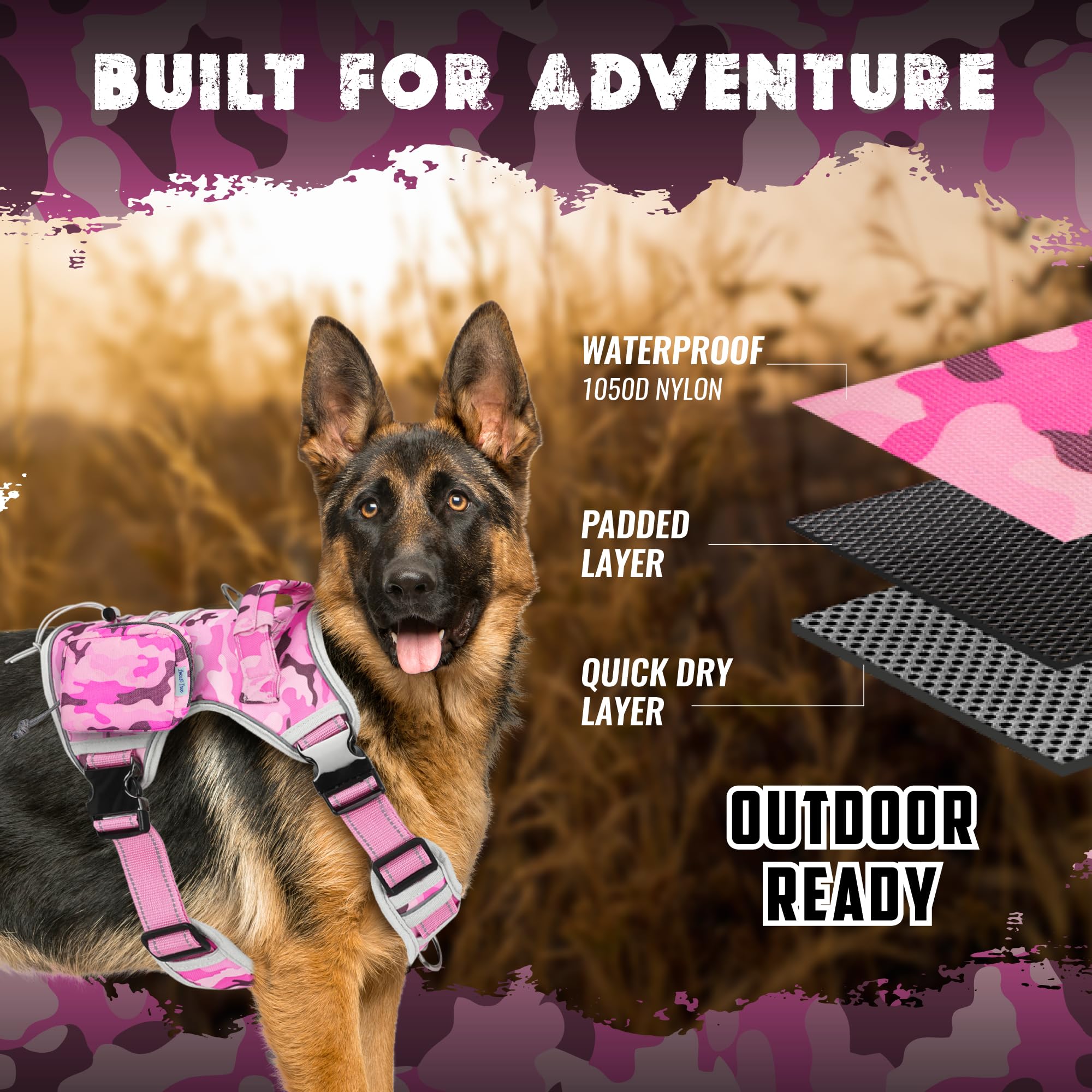 2 Pack Tactical MOLLE Dog Harness Pouches - Pink Camo Saddle Bags for Dog Backpack Harness - Waterproof Dog Gear for Treats, Poop Bags & Accessories - Perfect for Hiking, Camping & Outdoor Adventures