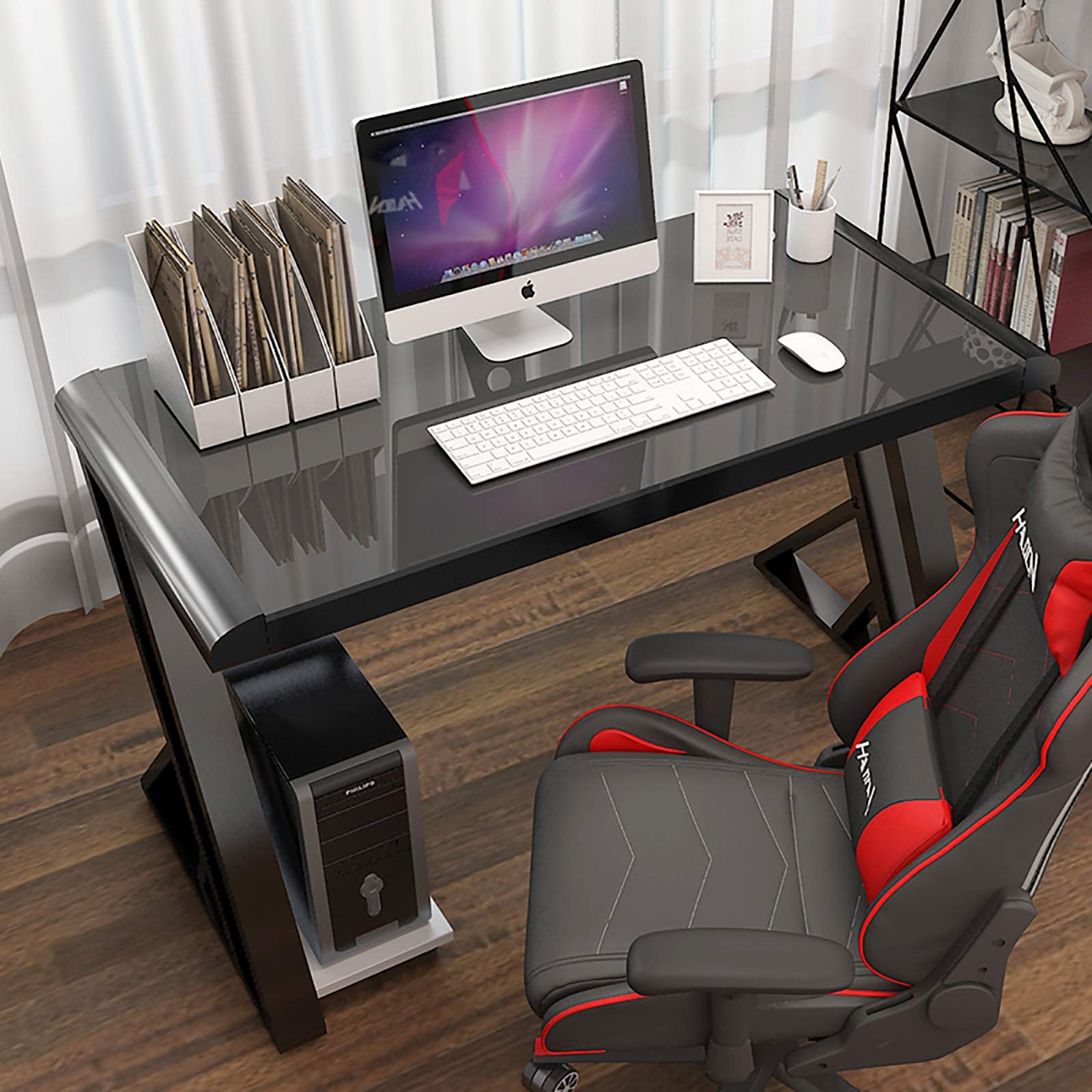 Premium Glass Top & Metal Frame Computer Desk - Ergonomic Z-Shaped Gaming Table for Esports & Home Office - Racing Style Workstation for Gamers & Professionals (Ideal for Gaming, Work, Study & Small Spaces)