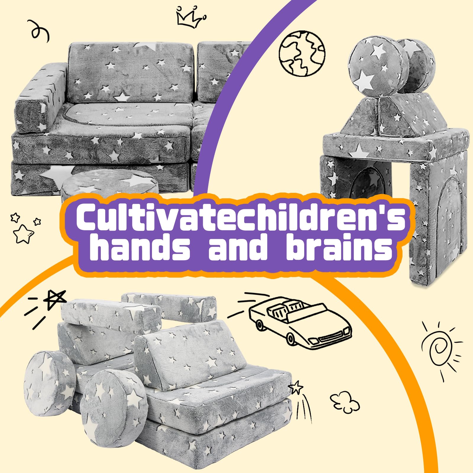 12-Piece Modular Kids Play Couch - Large Glow-in-the-Dark Sofa for Toddlers Boys & Girls - 12-in-1 Creative Play Furniture for Playroom, Bedroom & Indoor Activities - Perfect for Building Forts, Reading Nooks & Imaginative Play