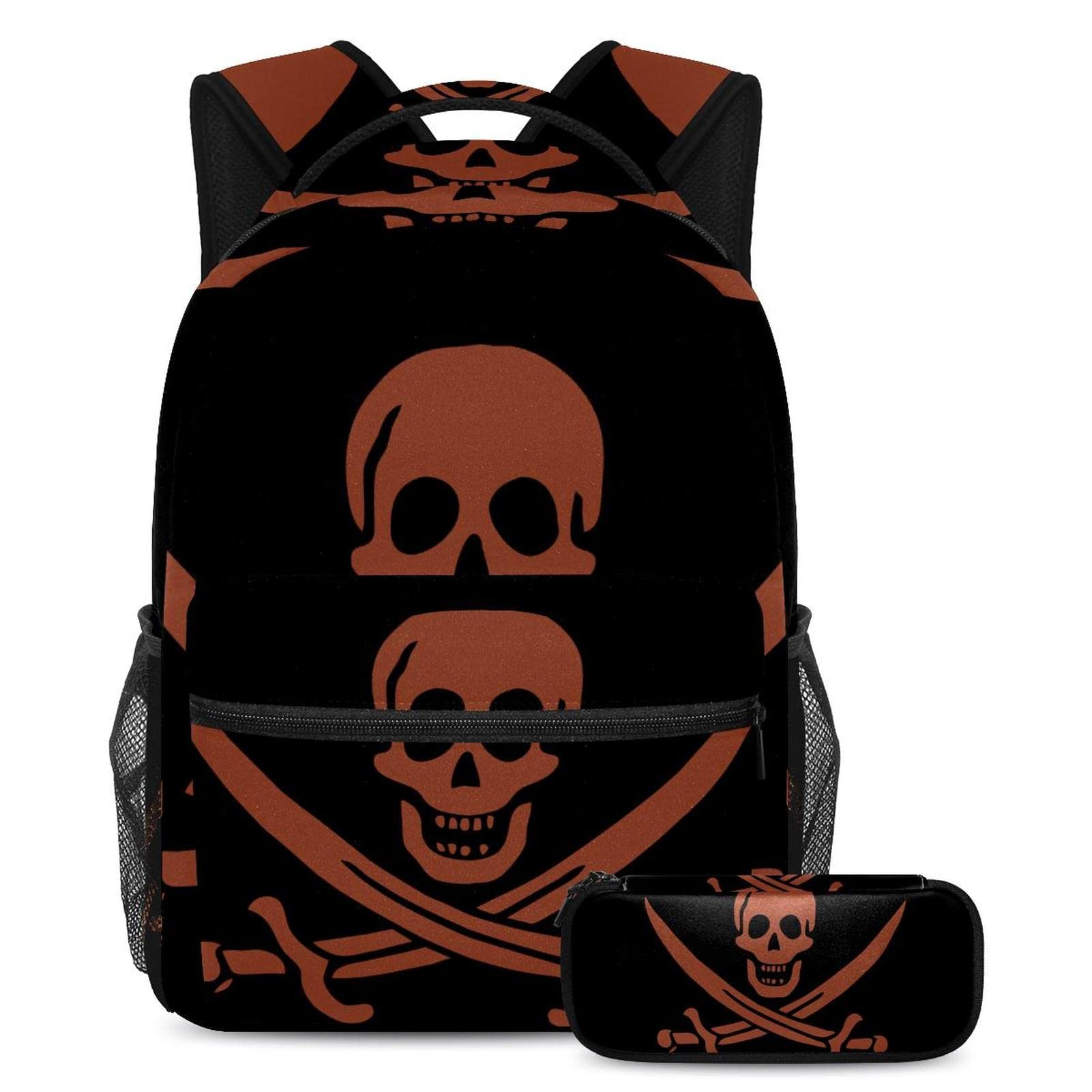 Cool Pirate Flag Skull Backpack with Leather Pencil Case - Durable School & Travel Laptop Backpack for Boys & Girls - Perfect for Class, Hiking & Daily Commute