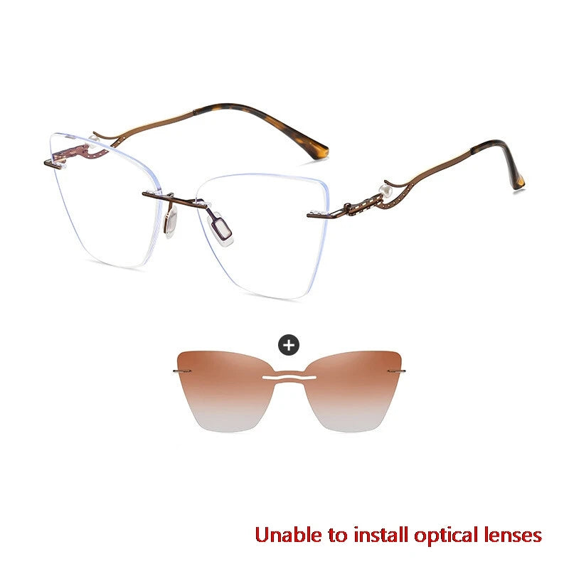 CCspace Women's Rimless Cat Eye Alloy Eyeglasses Clip-On Sunglasses - Lightweight UV Protection for Driving, Reading & Outdoor Activities