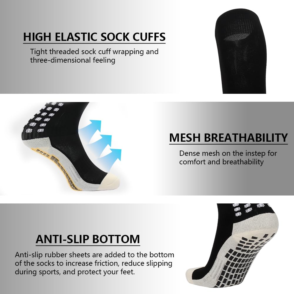 4 Pair Non-Slip Grip Soccer Socks for Men - Knee High Football Baseball Sports Socks with Anti-Slip Pads for Enhanced Performance on Field & Training