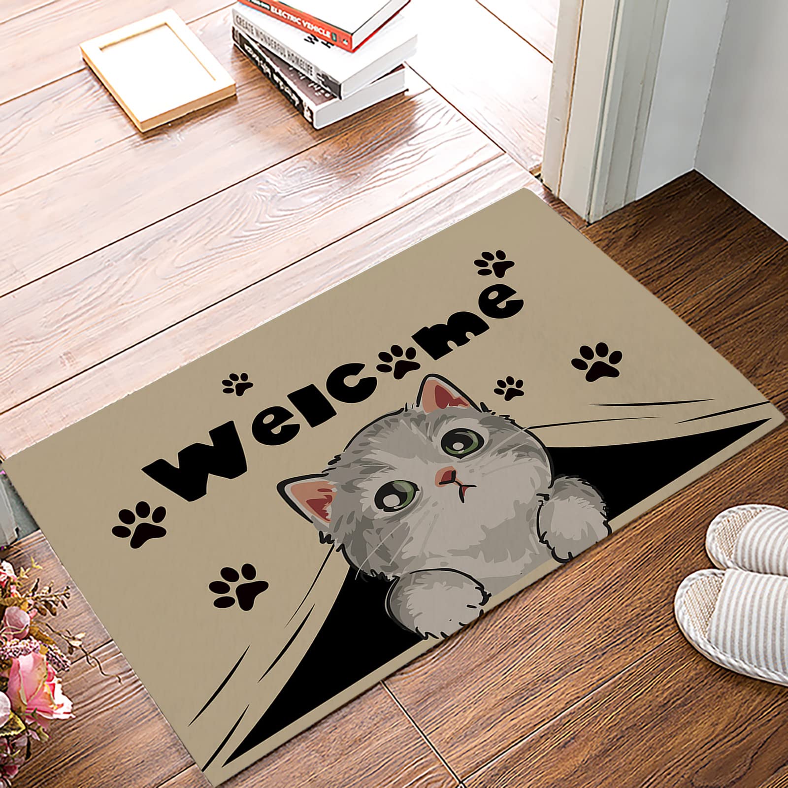 Vintage Watercolor Paw Print Non-Slip Doormat - Absorbent Welcome Cat Mat for Bathroom, Kitchen & Indoor Entrance - Washable Floor Rug for Home Decor (Perfect for Front Door, Bath Mats & Cozy Home Accents)