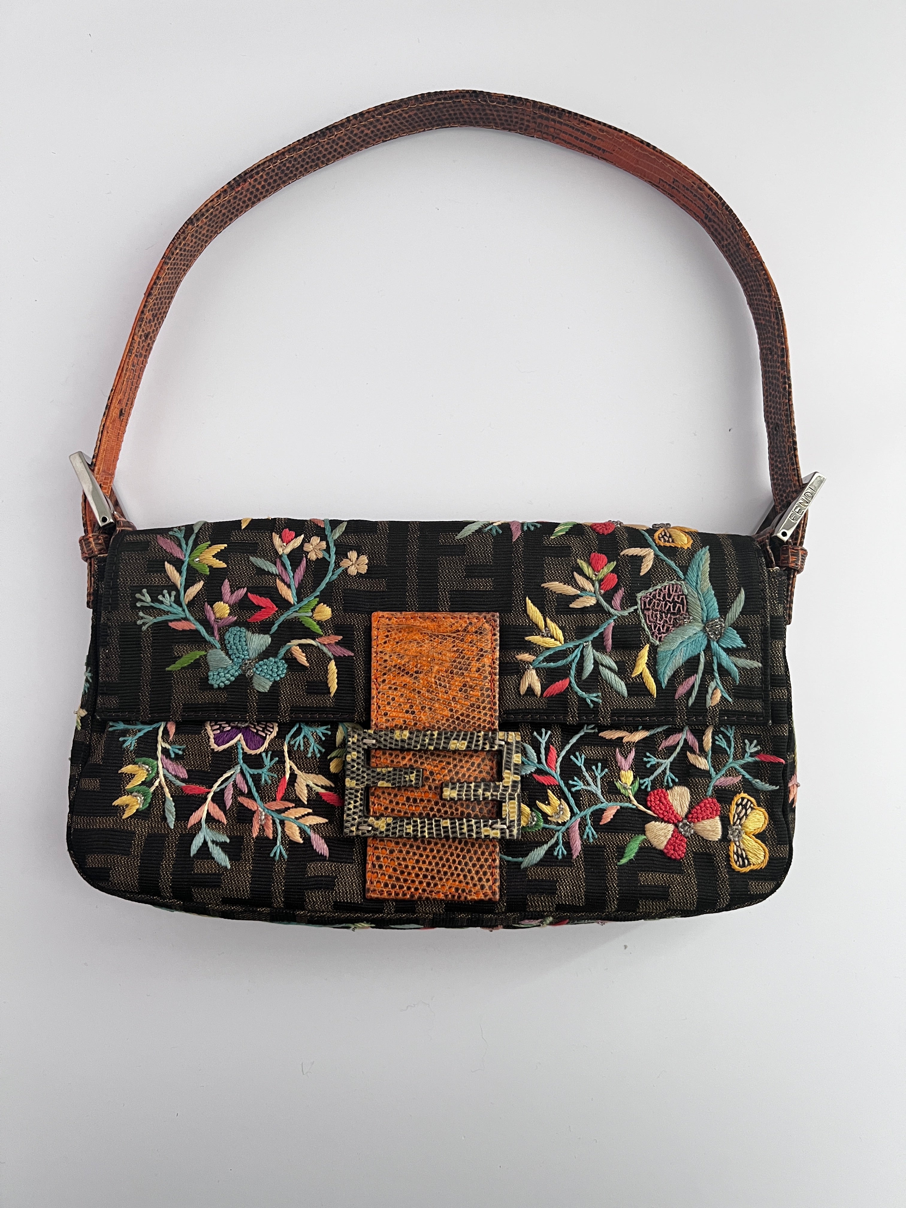 Vintage Fendi Embroidered Lizard Skin Trimmed Zucca Baguette Bag - Luxury Designer Handbag for Women, Perfect for Evening Parties & Special Occasions