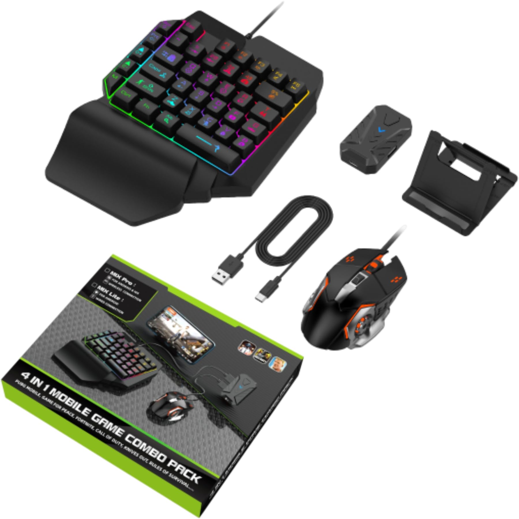 Half Hand Gaming Keyboard and Mouse Combo - 4-in-1 Mobile Game Controller Set with One-Handed Keyboard, Mouse Converter & Adjustable Phone Stand | Perfect for Mobile Gaming, PC Gaming & Esports Tournaments
