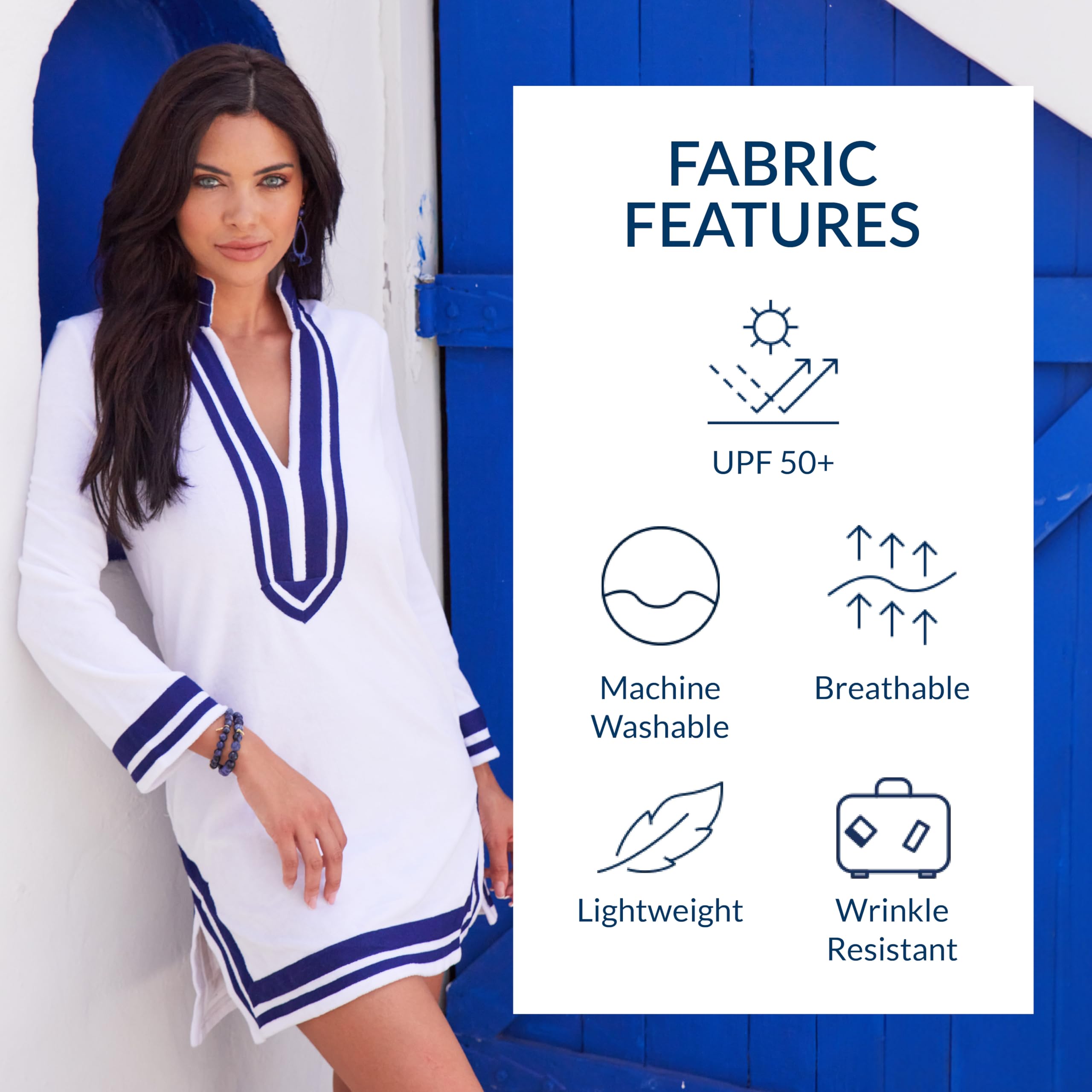 Cabana Life Women's UPF 50+ Sun Protective Terry Tunic Dress - Long Sleeve Cotton/Poly Cover-Up for Beach, Pool & Summer Vacations