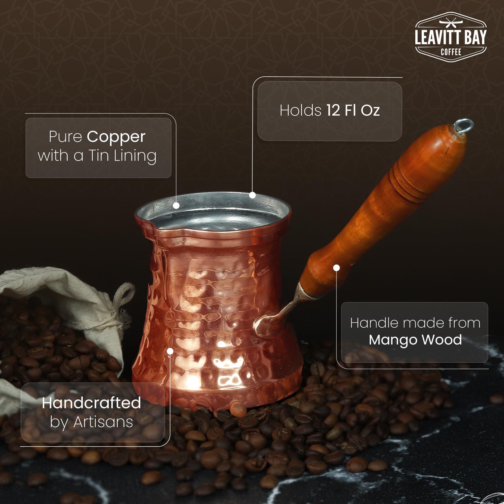 12oz Turkish Coffee Pot - Copper Cezve Ibrik with Mango Wood Handle, Authentic Greek & Arabic Coffee Maker for Stovetop Brewing | Perfect for Home, Cafe & Gift Giving