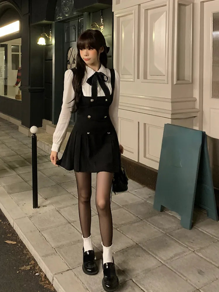 Women's Autumn Fake Two Piece Dress - Slim Fit Long Sleeve Bow Y2K Mini Dress | Korean Fashion Elegant Short Party Outfit for Casual Wear, Date Night & Club Events