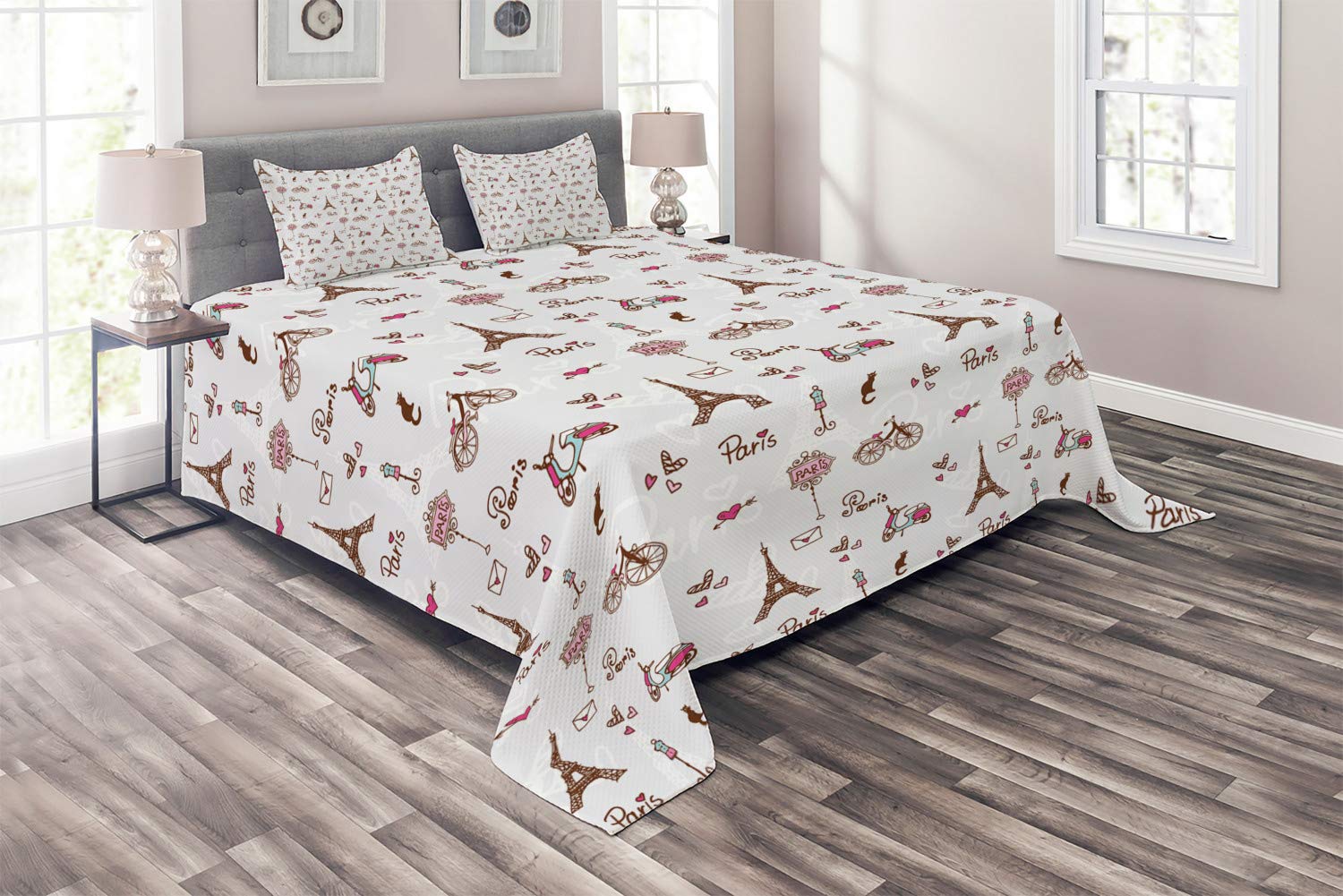 Ambesonne Paris 3-Piece Quilted Bedspread Set with 2 Pillow Shams - King Size Redwood Pearl Pink, Romantic Eiffel Tower Heart Print, French-Inspired Home Decor | Perfect for Master Bedroom, Guest Room & Paris-Themed Weddings