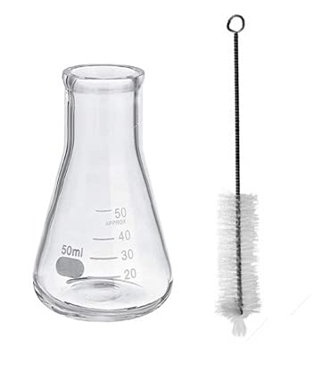 Premium Borosilicate Glass Erlenmeyer Flask - 50ml Narrow Mouth Graduated Conical Lab Flask with Cleaning Brush | Perfect for Chemistry Experiments, Science Labs & Home Brewing