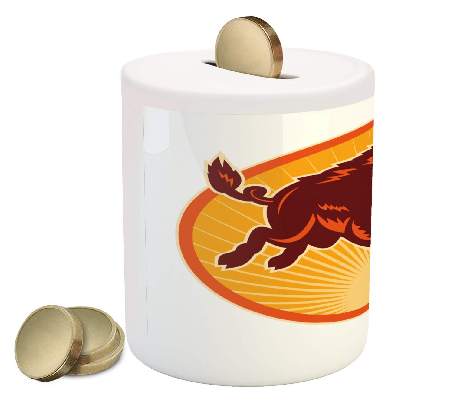 Ambesonne Ceramic Piggy Bank with Retro Wild Boar Design - Oval Frame Money Box for Cash Savings in Vermilion, Burgundy, Orange & White | Perfect for Kids' Allowance, Coin Collection & Home Decor