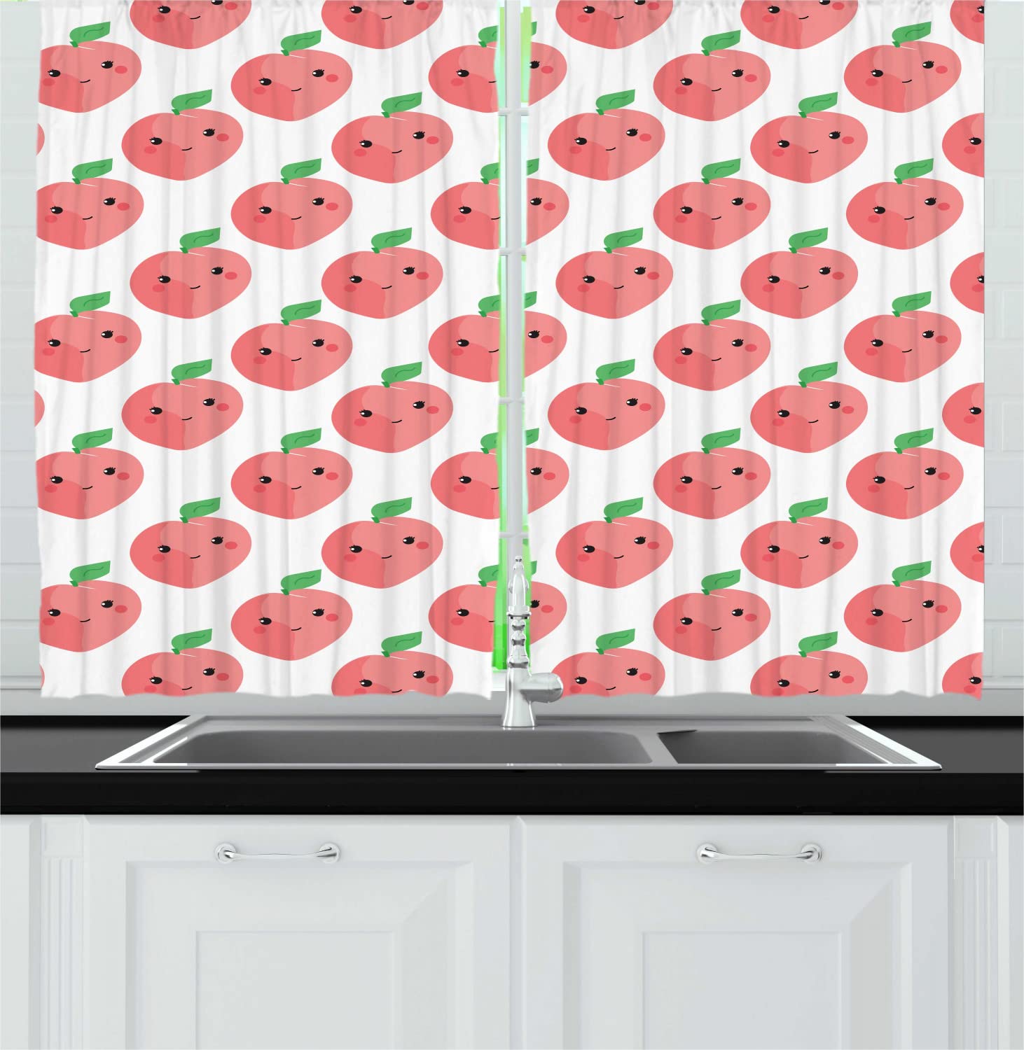 Ambesonne Peach Long Kitchen Curtains - Kawaii Style Fruit Print with Smiling Faces & Leaves, Funny Cartoon Design, 2 Panel Rod Pocket Drapes, 55