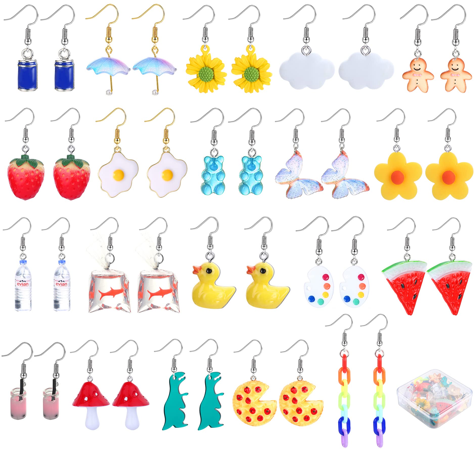 20 Pairs Funny & Cute Drop Dangle Earrings for Women - Gummy Bear, Duck, Goldfish, Strawberry, Mushroom, Butterfly, Cloud, Flowers & Dinosaur Designs - Aesthetic Egirl Jewelry Gift Set with Clear Storage Box | Perfect for Parties, Cosplay & Daily Fashion Accessories