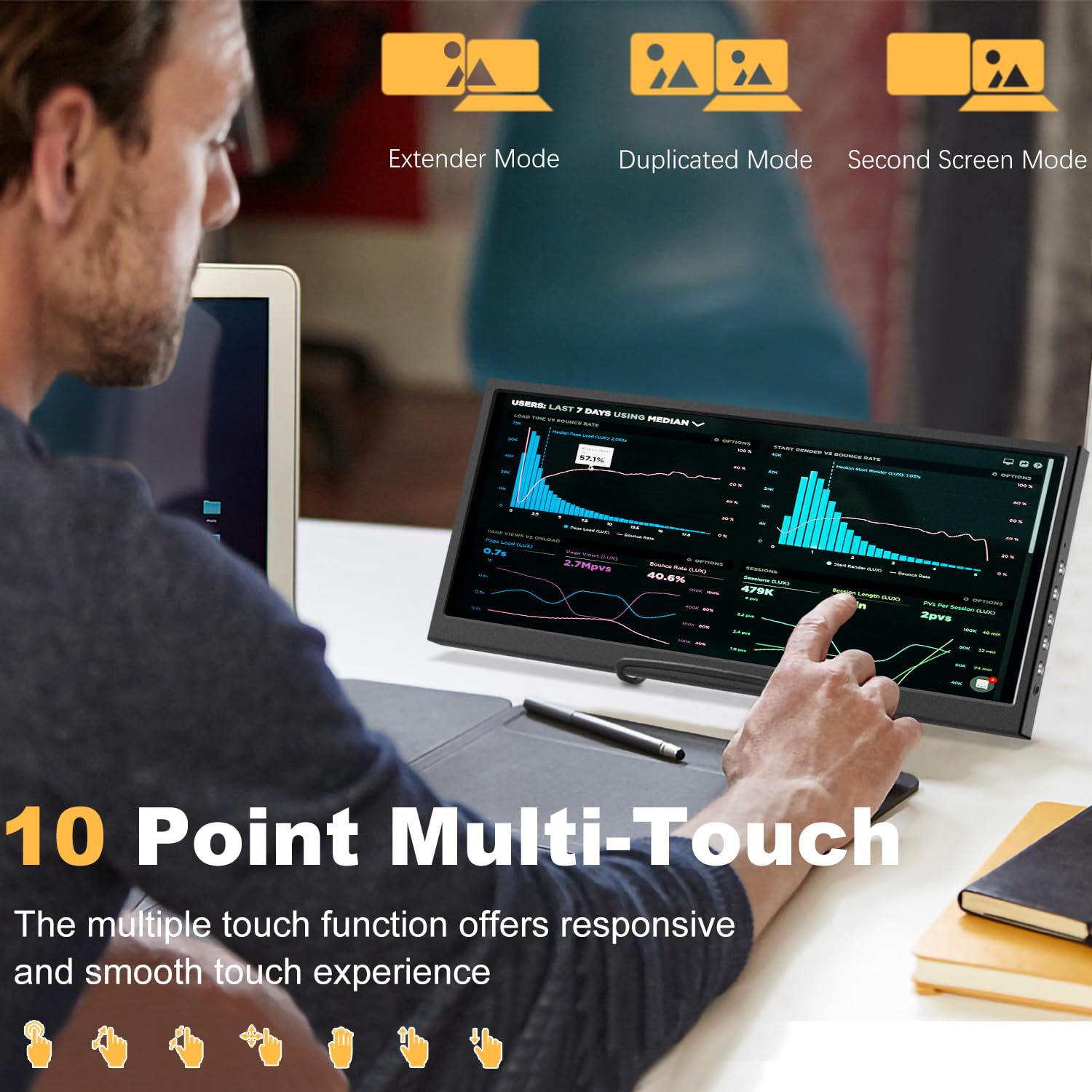 12.3 Inch Portable Touchscreen Monitor - IPS Stretched Bar LCD Display 1920x720, Mini HDMI & USB-C, Secondary Screen for Laptop - Perfect for Travel, Work & GPU/CPU/RAM Monitoring with Aida64 on Windows