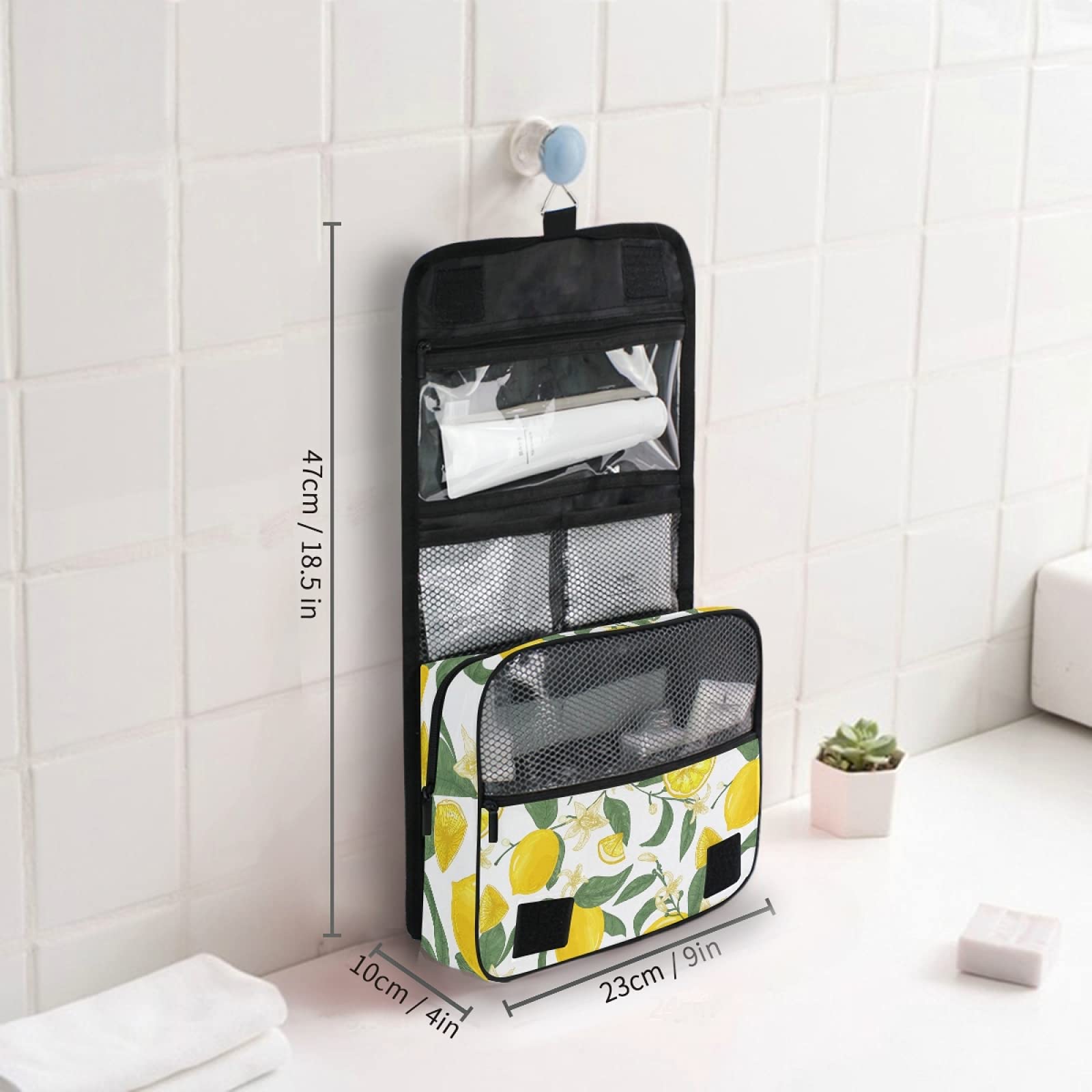ALAZA Yellow Lemon Citrus Fruit Hanging Toiletry Bag for Women - Large Capacity Waterproof Travel Cosmetic Bag with Hook, Perfect for Bathroom Storage & Makeup Organizer | Ideal for Travel, Gym, and Home Use