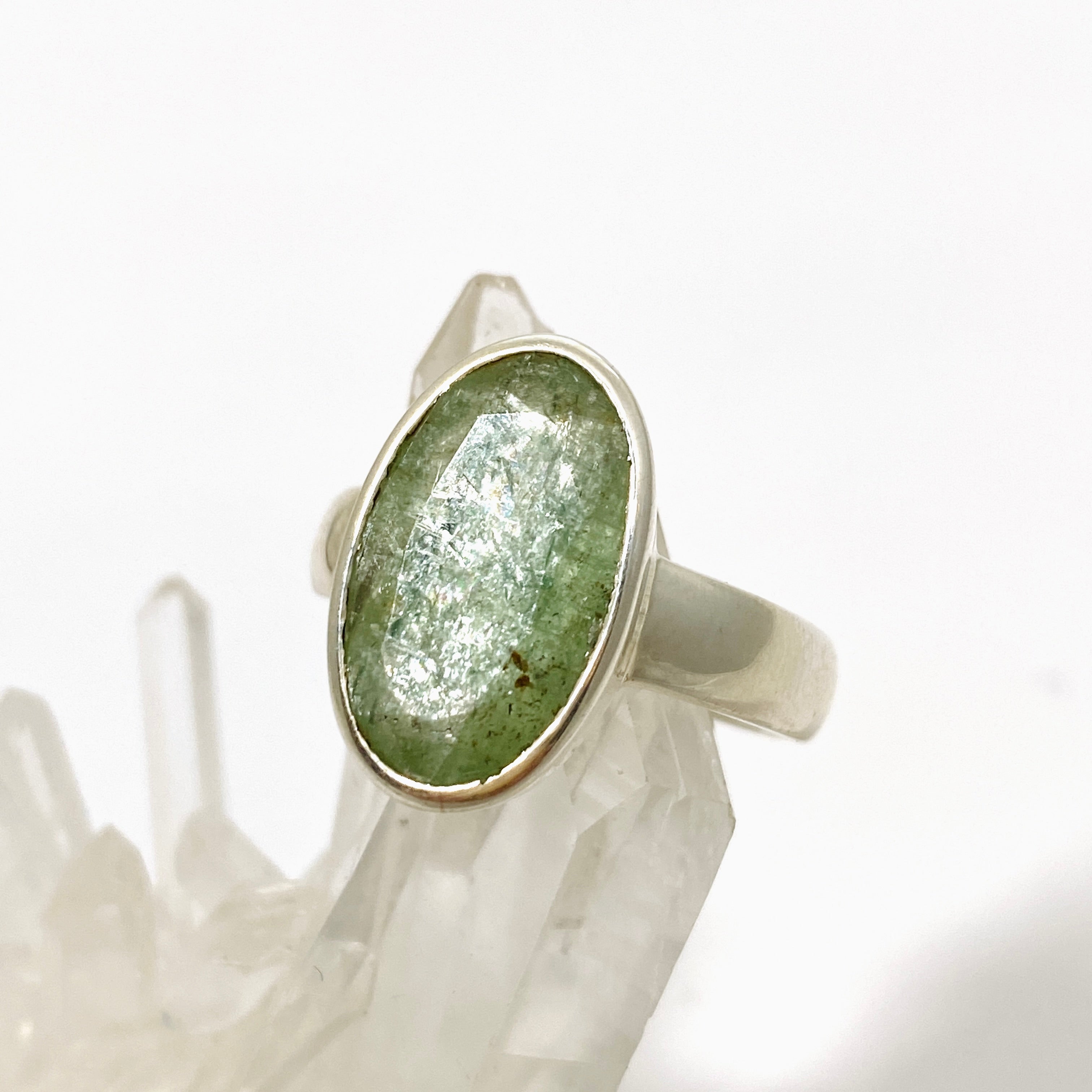 Natural Green Kyanite Oval Faceted Ring - Size 11 Sterling Silver Jewelry PRGJ819 | Healing Crystal Ring for Meditation, Energy Work & Spiritual Gifts