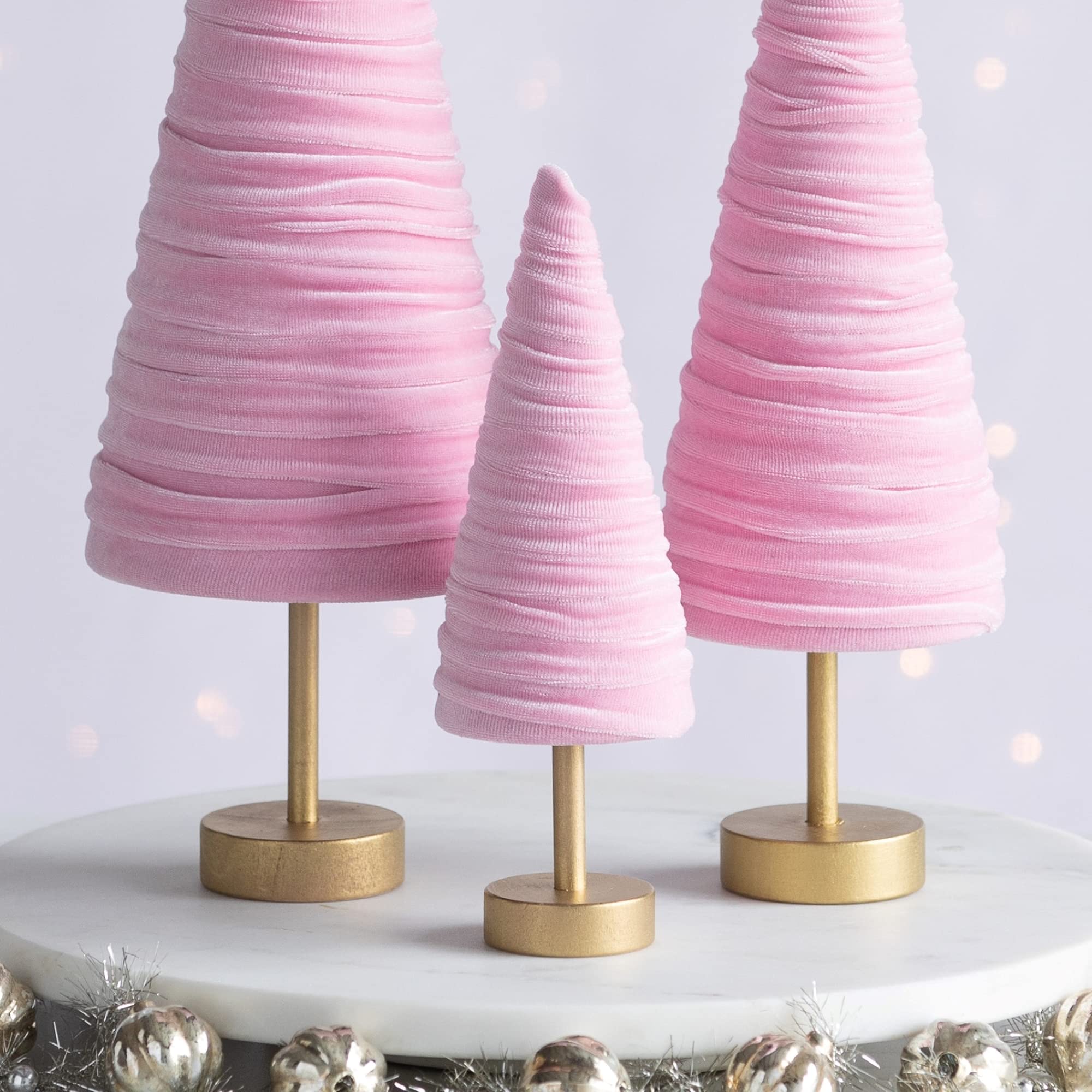 Pink Velvet Tree Pedestal Set of 3 - Coquette Room Decor, Aesthetic Home Accessories, Perfect Gift for Her, Teen Room & Bookshelf Decor - Ideal for Bedroom, Living Room, or Nursery (Pink)