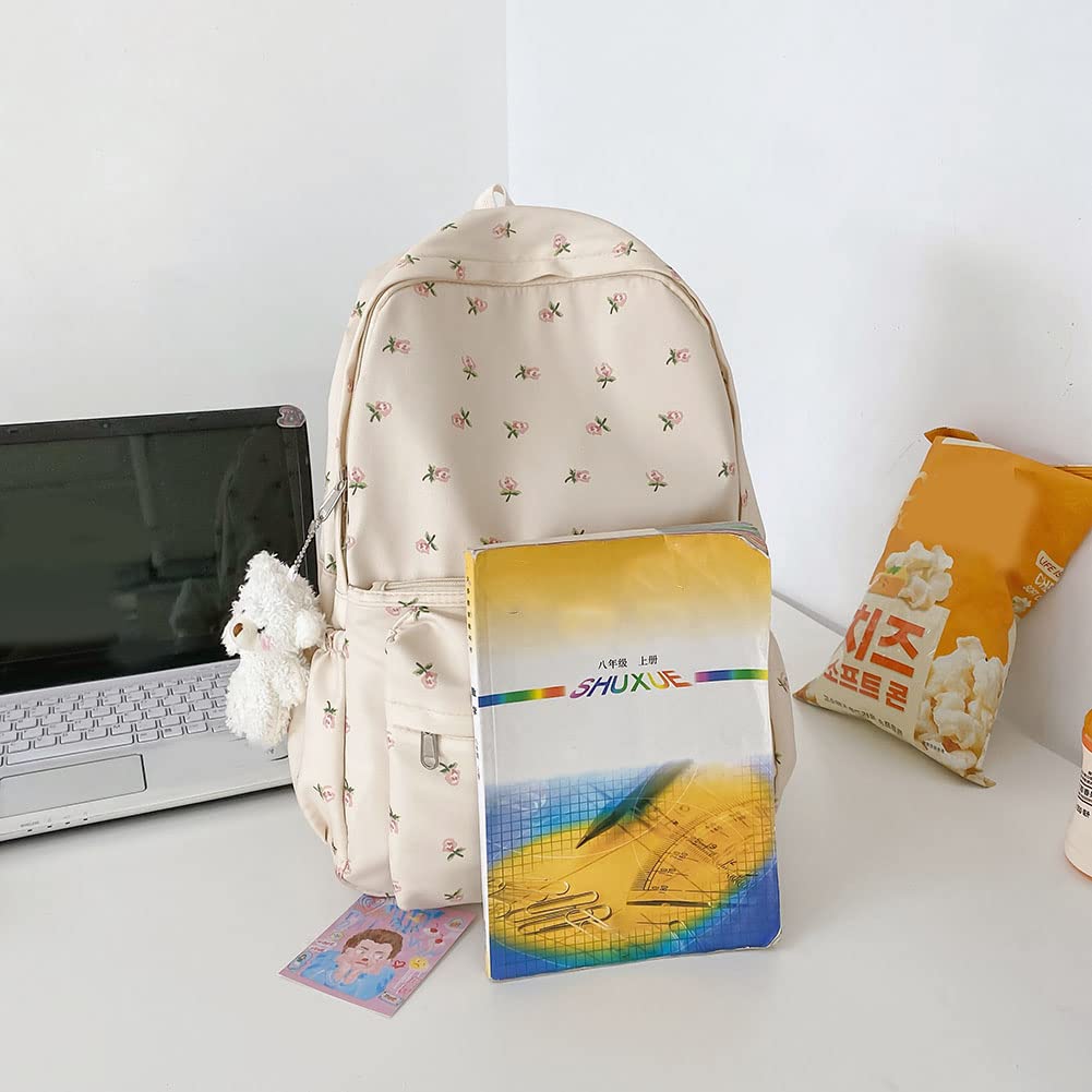 Cute Floral Print Aesthetic Backpack for Women - Large Capacity Kawaii Backpack with Plush Pendant - Stylish Travel Backpack for School, Work & Casual Outings