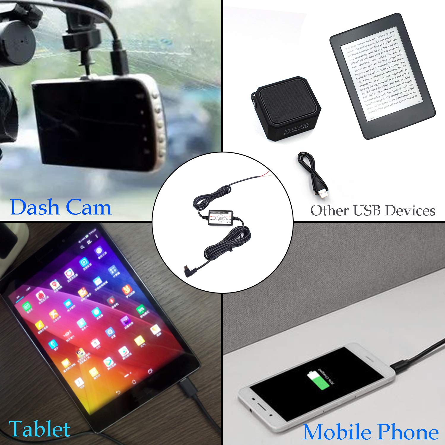 12V to 5V Right Angle Micro USB Car Charger Cable - Dash Cam Hardwire Kit for GPS, DVR & Tablets - 12-24V Input - Perfect for Dash Cams, Car Navigation & Vehicle Recording Systems