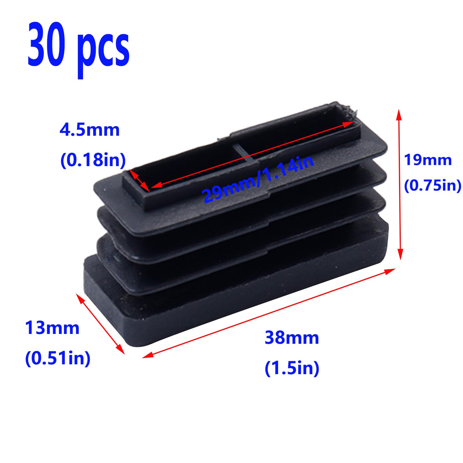 Antrader 38 x 13mm Black Plastic Furniture End Caps - Rectangular Tube Plugs for Chair Legs, Table Feet & Furniture Tubes (Pack of 30) - Perfect for DIY Furniture Assembly, Home Decor & Office Chair Protection