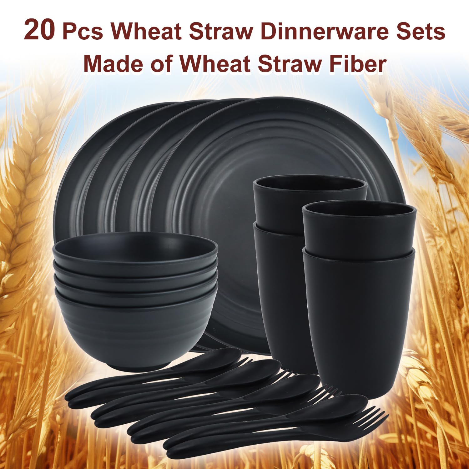 20-Piece Eco-Friendly Wheat Straw Dinnerware Set - Unbreakable Plates & Bowls, Reusable BPA-Free Plastic Alternative - Perfect for Outdoor Camping, Picnics, RV Trips & Microwave-Safe Home Use - 4-Person Set (Black)