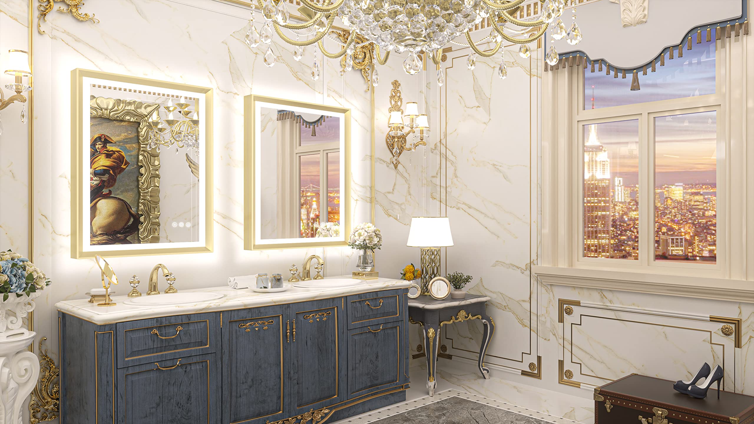 Gold LED Bathroom Mirror with Lights - 28x36 Inch Frontlit & Backlit Vanity Mirror, Baroque Style, Anti-Fog, Stepless Dimmable (White/Warm/Natural Light), CRI90+, Waterproof, Wall Mounted (Horizontal/Vertical) - Perfect for Makeup, Shaving & Home Decor