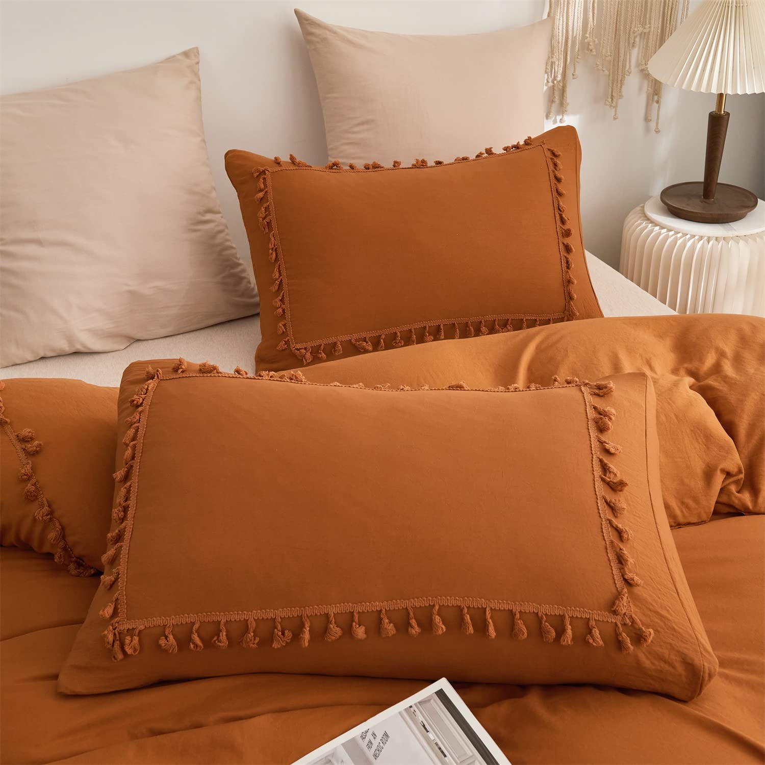 Terracotta Orange Boho Chic King Size Duvet Cover - 100% Washed Microfiber, Lightweight All-Season Farmhouse Bedding with Tufted Tassel Fringe | Perfect for Master Bedroom, Guest Room & Bohemian Home Decor