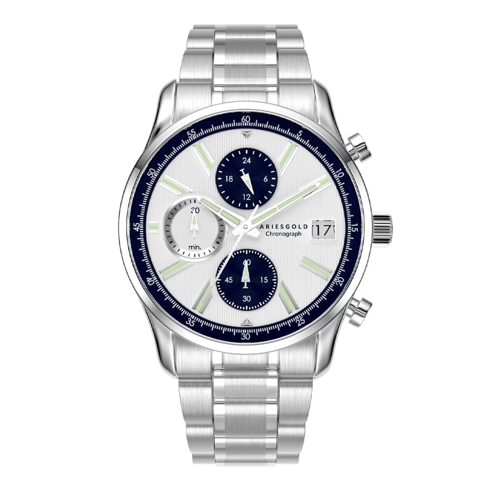 Aries Gold Champion 7020 G 7020 S SBU Men's Silver Dial Chronograph Watch VR33 42mm Silver Stainless Steel Strap - Perfect for Business, Casual Wear & Special Occasions
