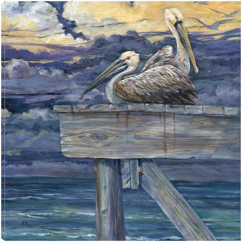 Paul Brent Pelican Dock Fine Art Canvas Wall Decor - 37x37 Inch Ready to Hang Painting for Living Room, Bedroom, Office & More - Coastal & Nautical Home Decor