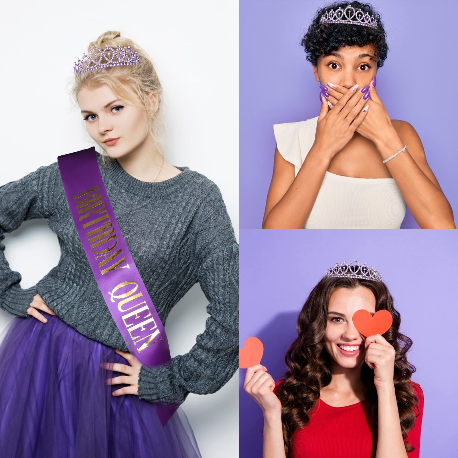 CIEHER Purple Birthday Decorations Set - Queen Crown & Sash Kit for Women & Girls, Purple Tiara & Birthday Sash, 16th 18th 30th 40th 50th 70th Birthday Party Supplies - Perfect for Birthday Celebrations, Bachelorette Parties & Special Occasions