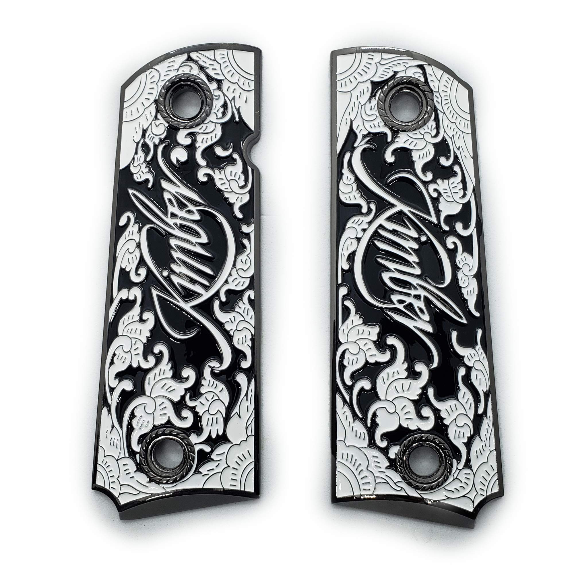 1911 Metal Grips with Screws Included - Full Size (Government/Commander) - Scroll Black Base with Black & White Enamel - Ambi Safety Cut - Perfect for Custom Pistol Upgrades & Competitive Shooting