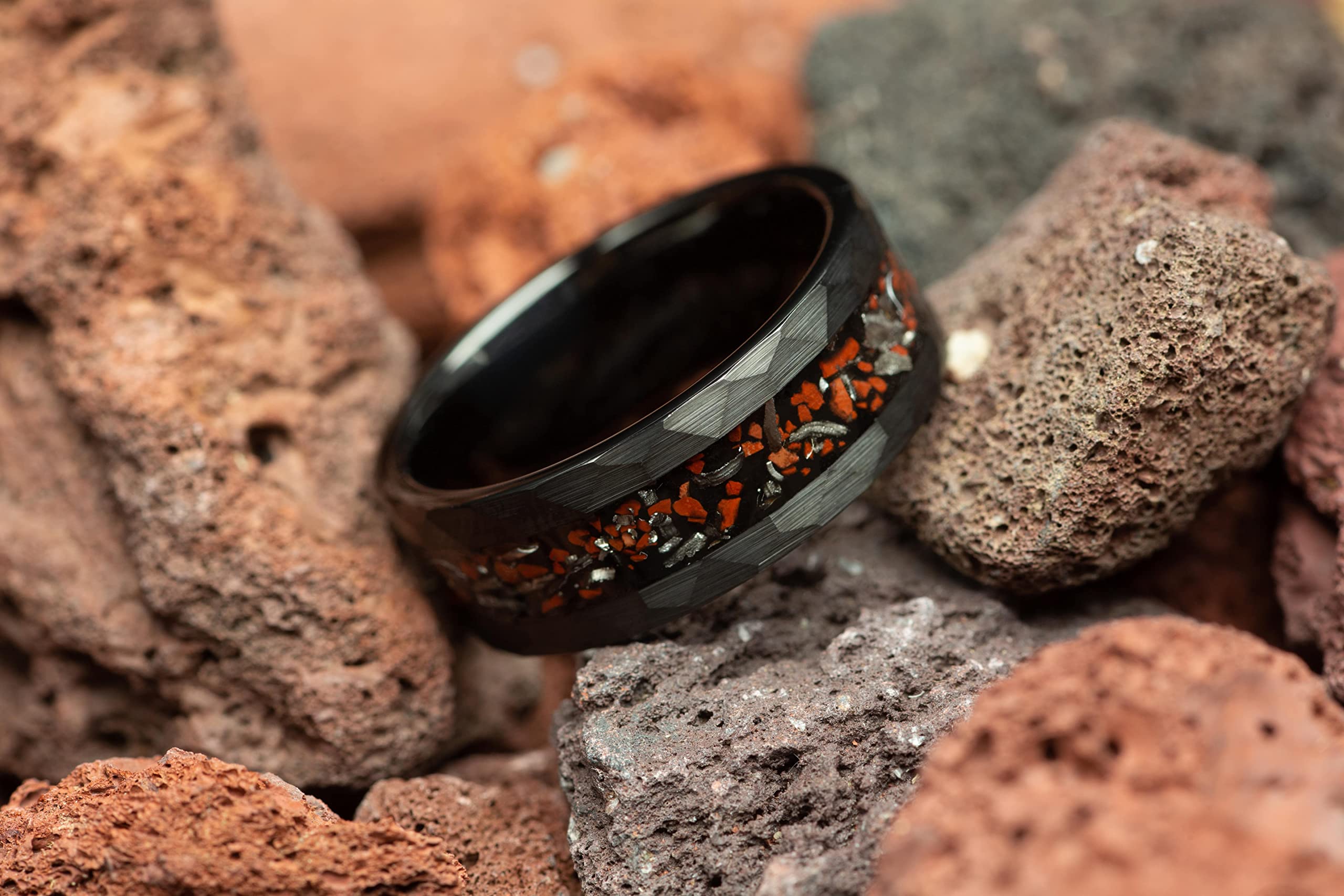 Dinosaur Bone & Meteorite Men's Wedding Ring - 8mm Hammered Black Tungsten Band - Comfort Fit for Men - Unique Groomsmen Gift for Weddings & Anniversaries