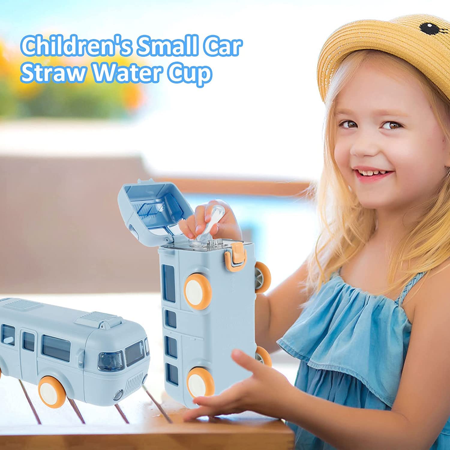 **FUNDISINN 16oz Kids Bus Water Bottle - Leak-Proof Detachable Straw Cup with Shoulder Strap & Wheels, Cartoon Toddler Drink Bottle Toy (Blue) - Perfect for School, Travel, and Outdoor Play**