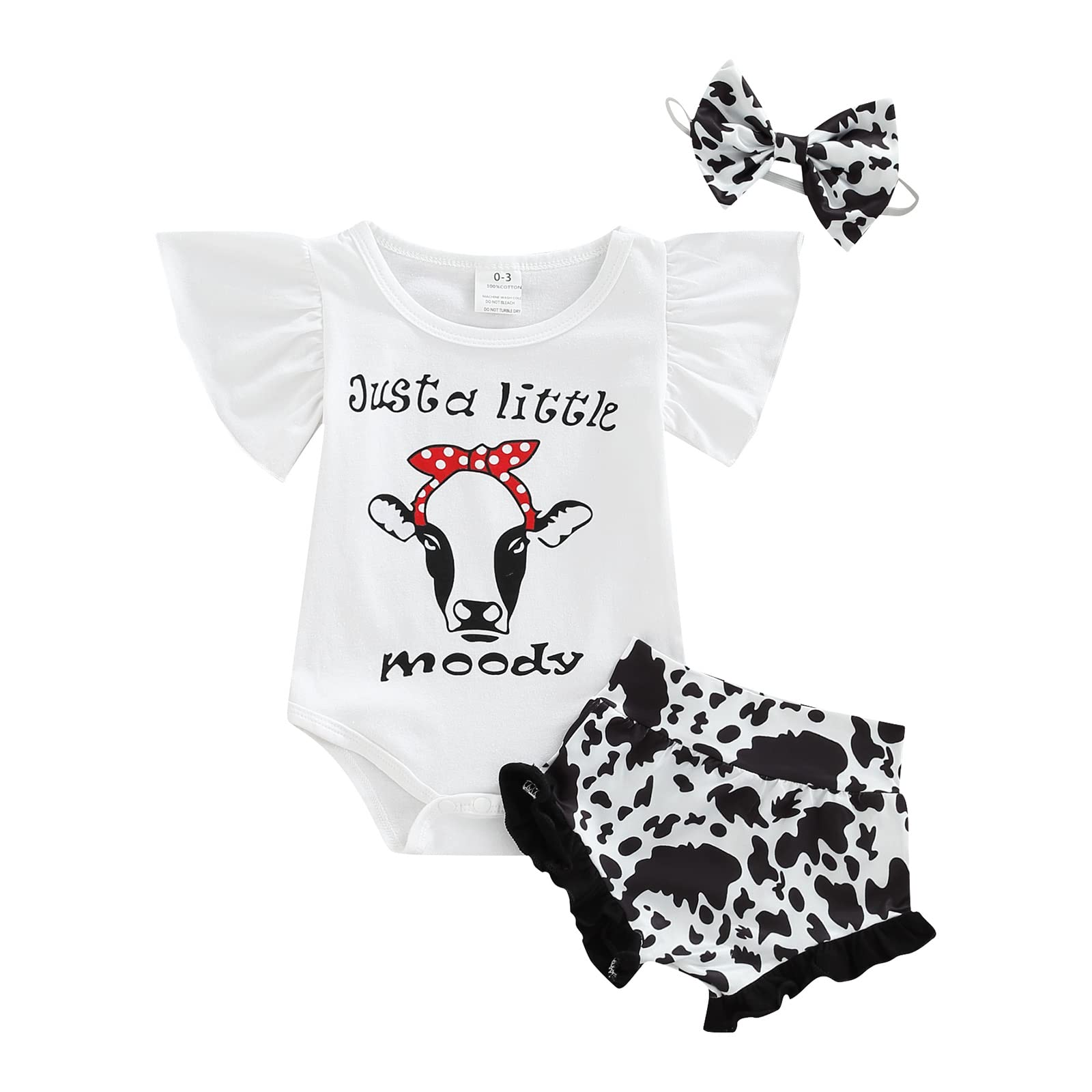 Lefyira Baby Girls Summer Outfit - Cow Print Romper with Ruffle Short Sleeves & Matching Bloomers Set | Newborn Photography Outfit for Photo Shoots, Birthday Parties & Casual Wear