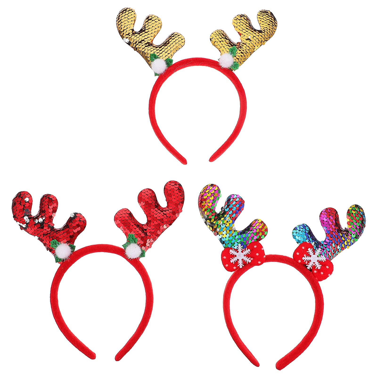 3pcs Christmas Sequined Antler Hairbands - Sparkly Reindeer Headband Hair Accessories for Women & Girls (Red/Green/Gold) - Perfect for Holiday Parties, Christmas Photos & Festive Celebrations
