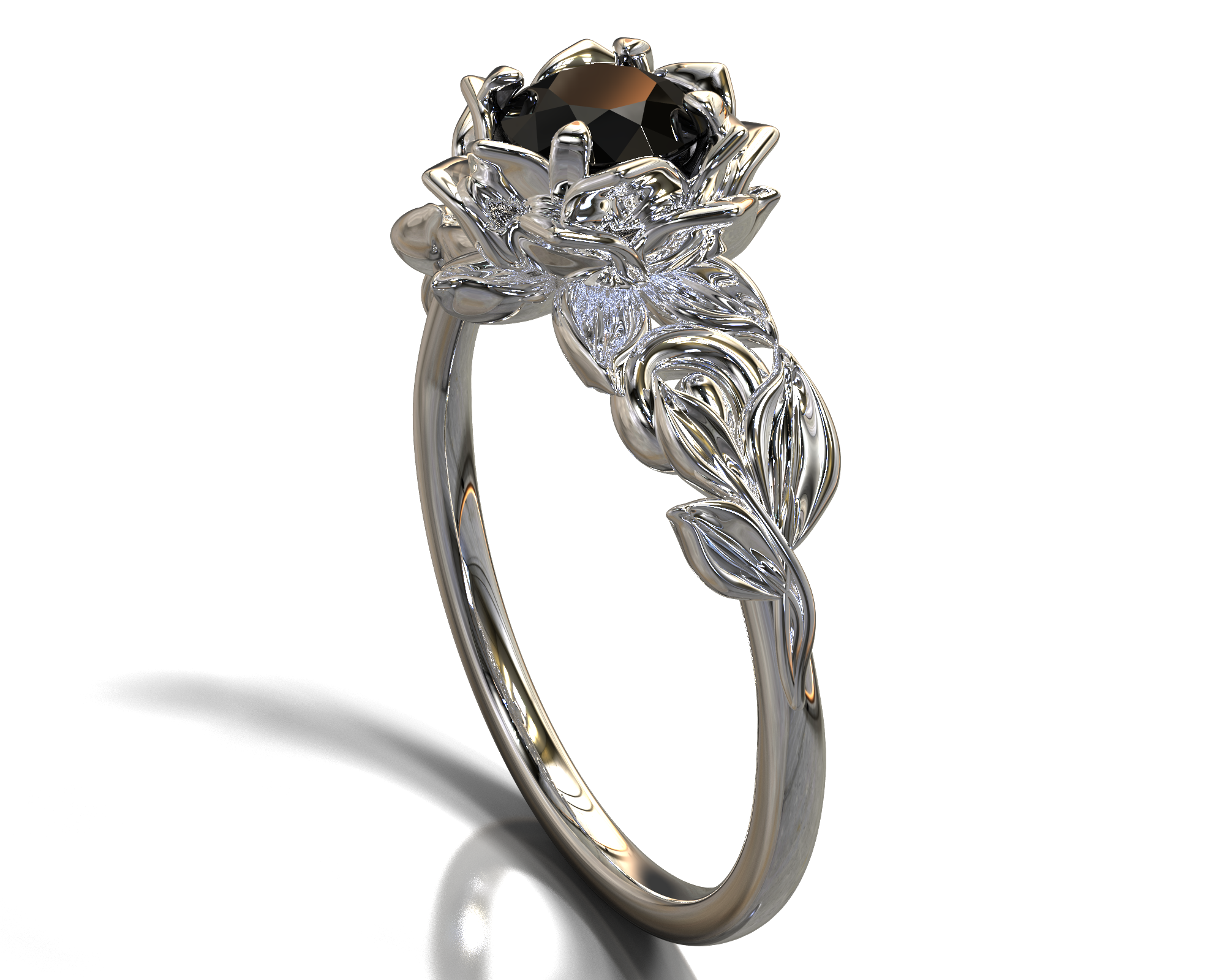 Lotus Flower Black Diamond Engagement Ring With Leaves - Elegant Wedding Band for Women, Unique Floral Design for Proposals & Anniversaries